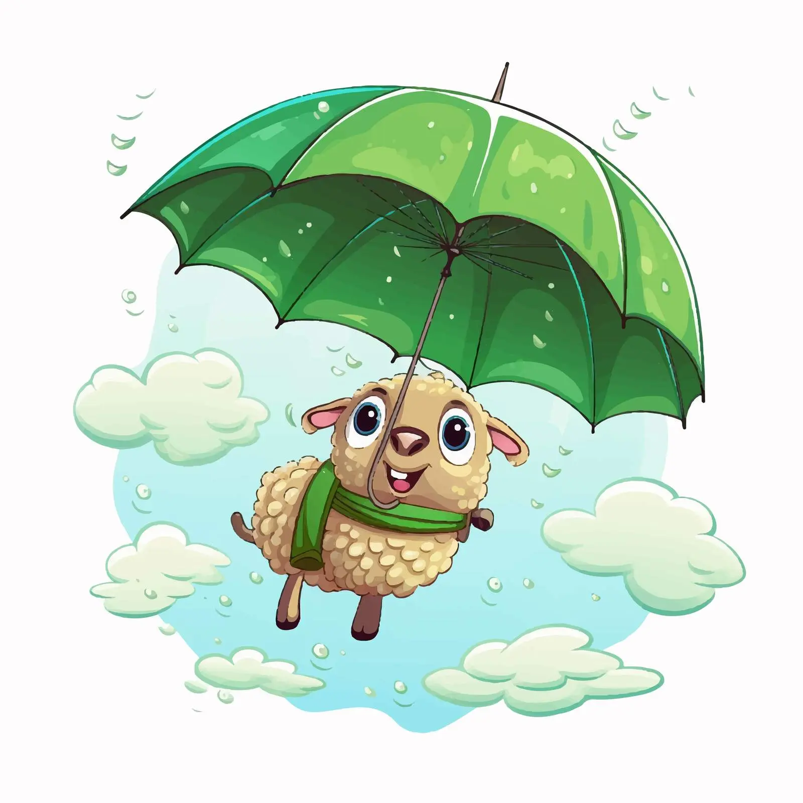 Cartoon Sheep Flying with Umbrella in Rain – free green umbrella image from Dotvec