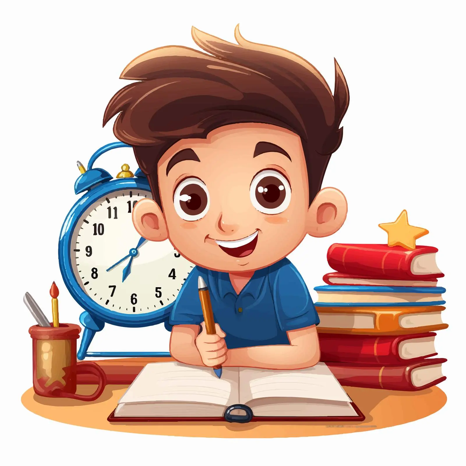 Student Cartoon with Book, Pencil, and Clock — free download from Dotvec