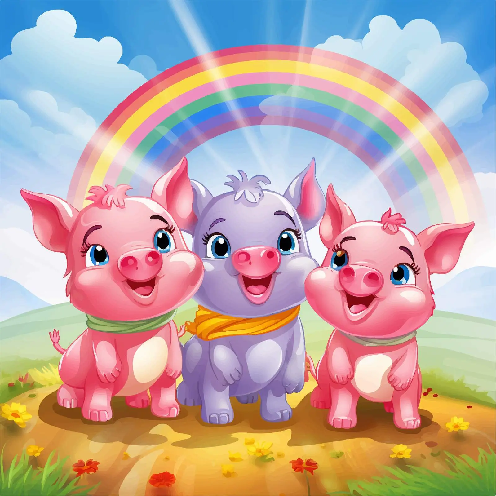 Three Little Pigs Cartoon with Rainbow Background — free download from Dotvec