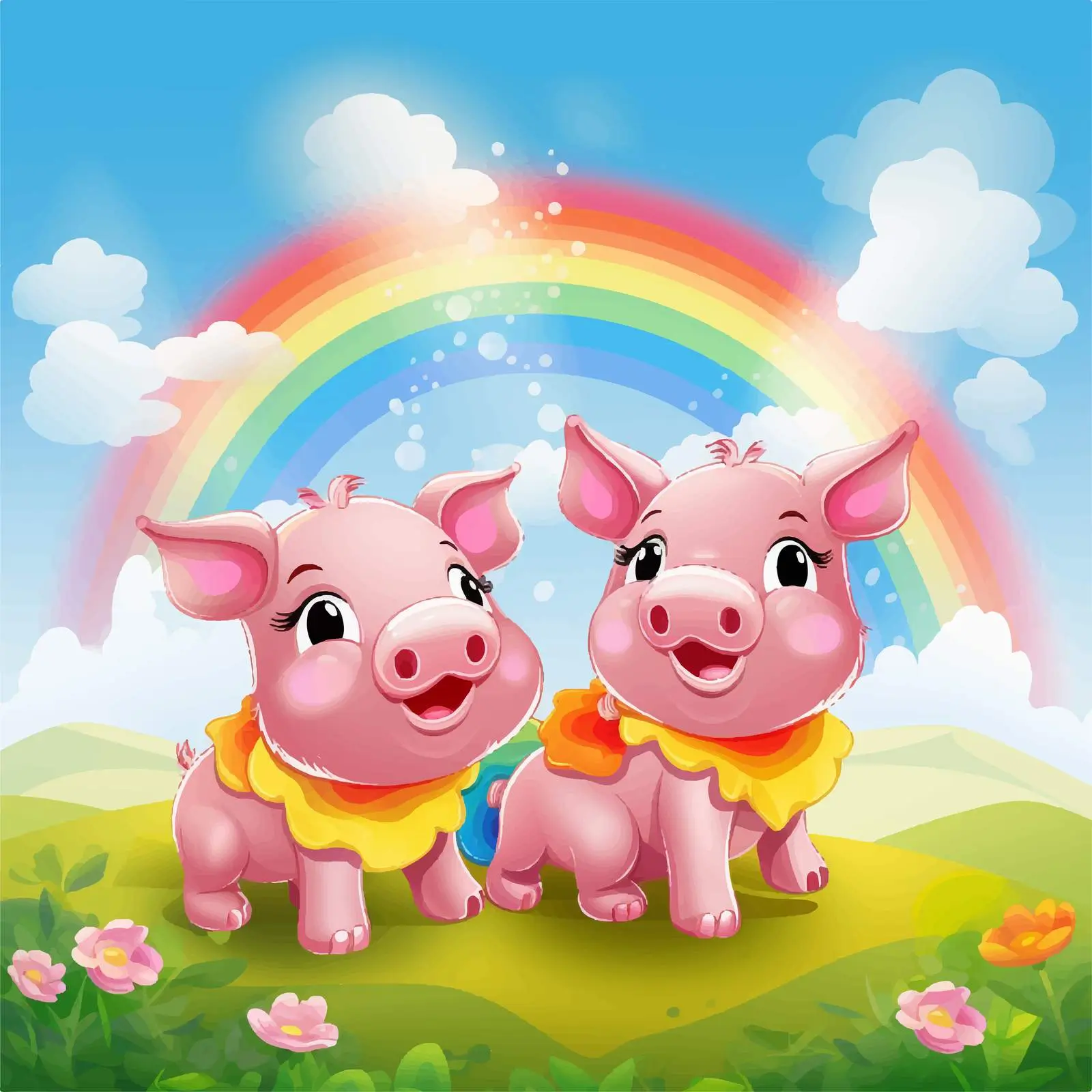 Three Little Pigs with Rainbow Background Illustration — free download from Dotvec