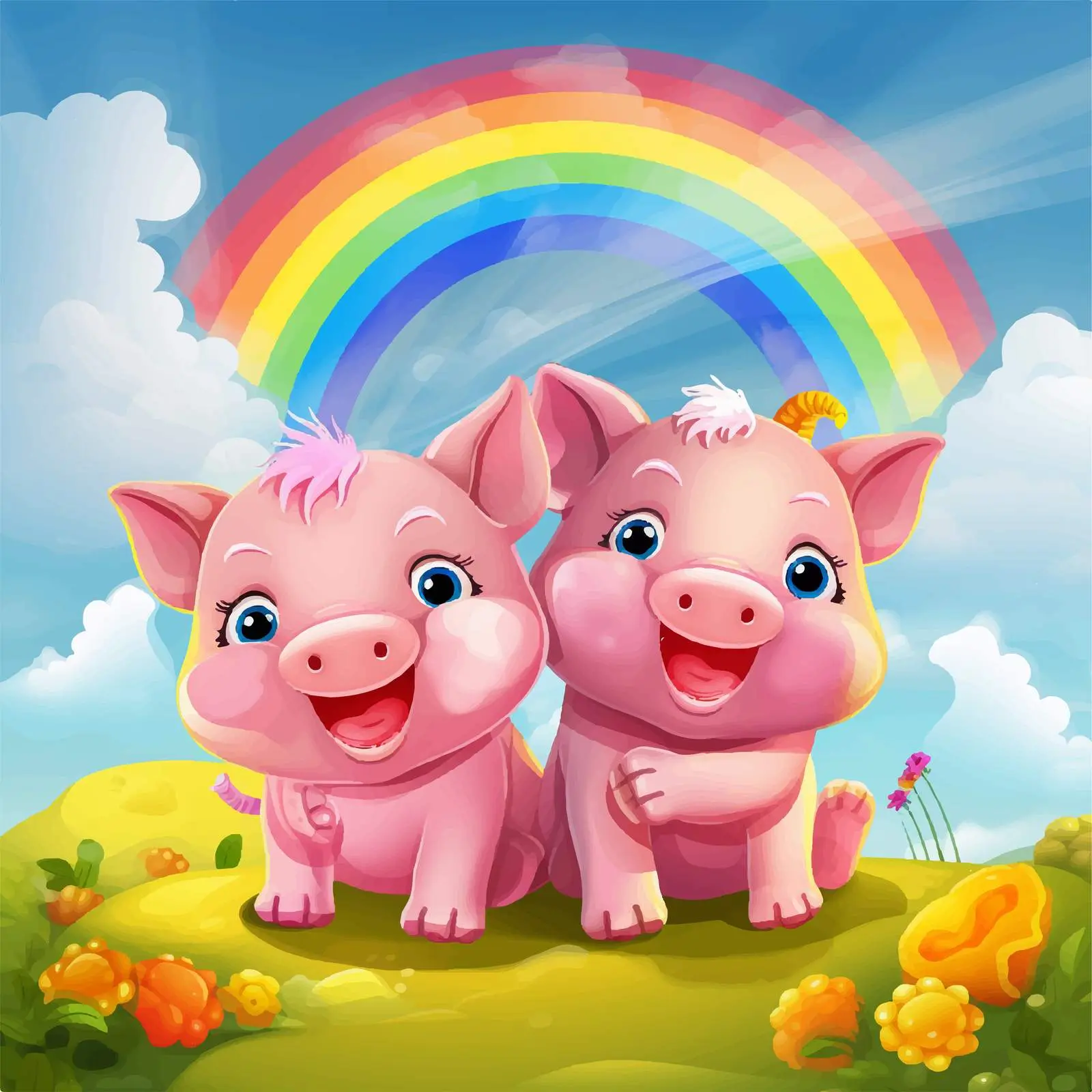 Three Little Pigs with Rainbow Background Illustration – free entertaining art image from Dotvec