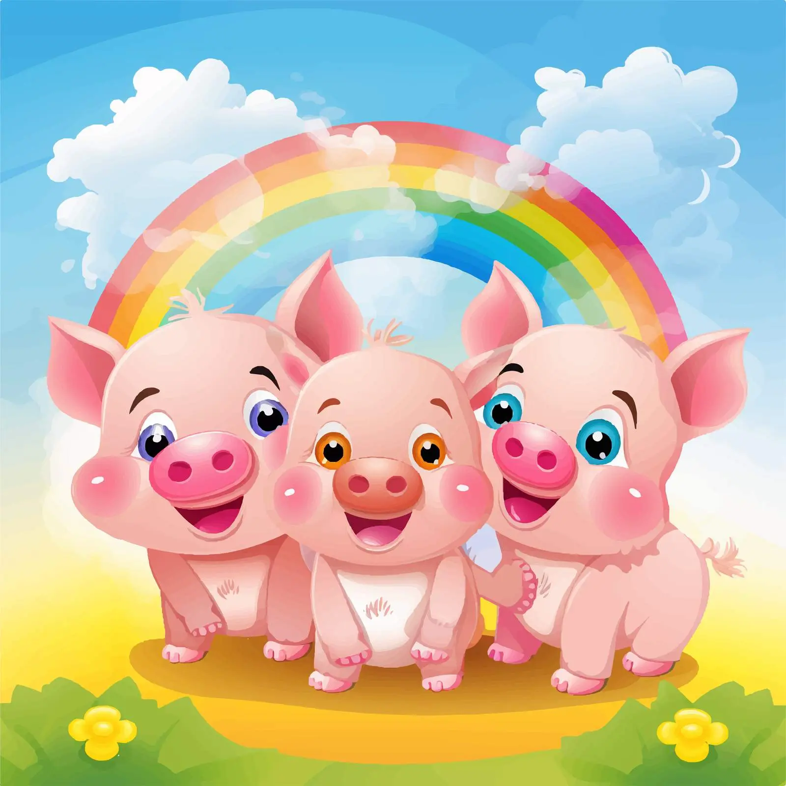 Three Little Pigs Cartoon with Rainbow Background — free download from Dotvec