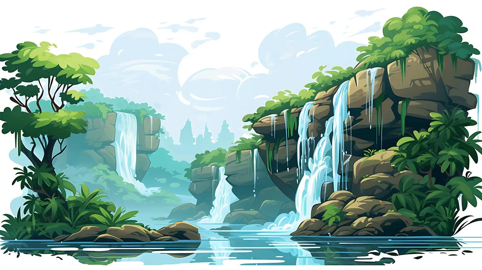Scenic Cartoon Waterfall Illustration — free download from Dotvec