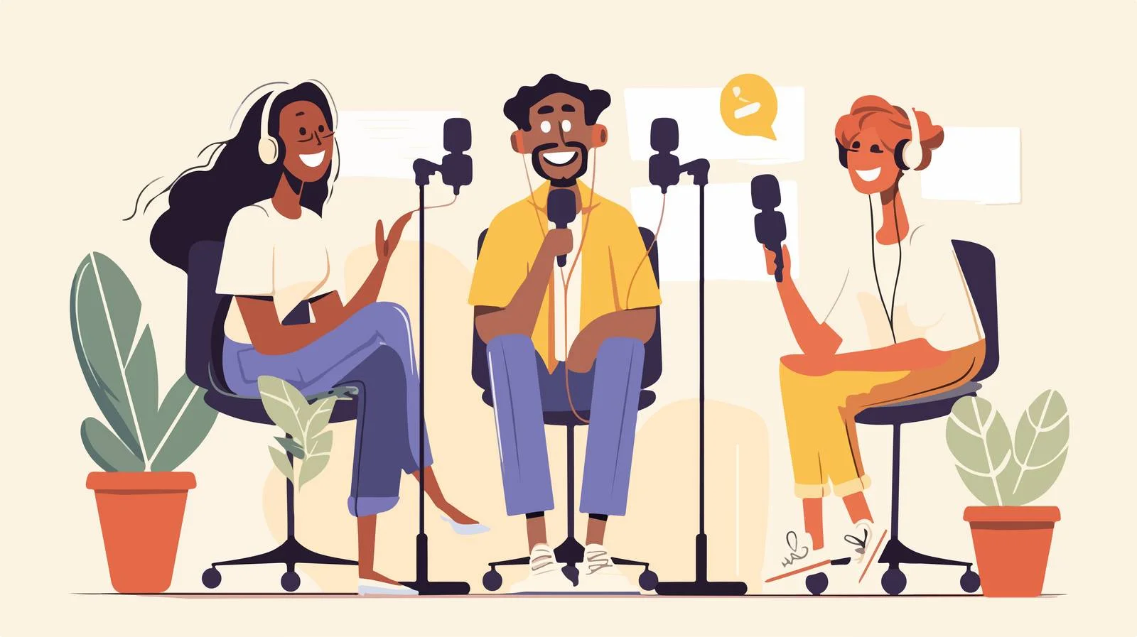 Joyful characters recording audio conversation — free download from Dotvec