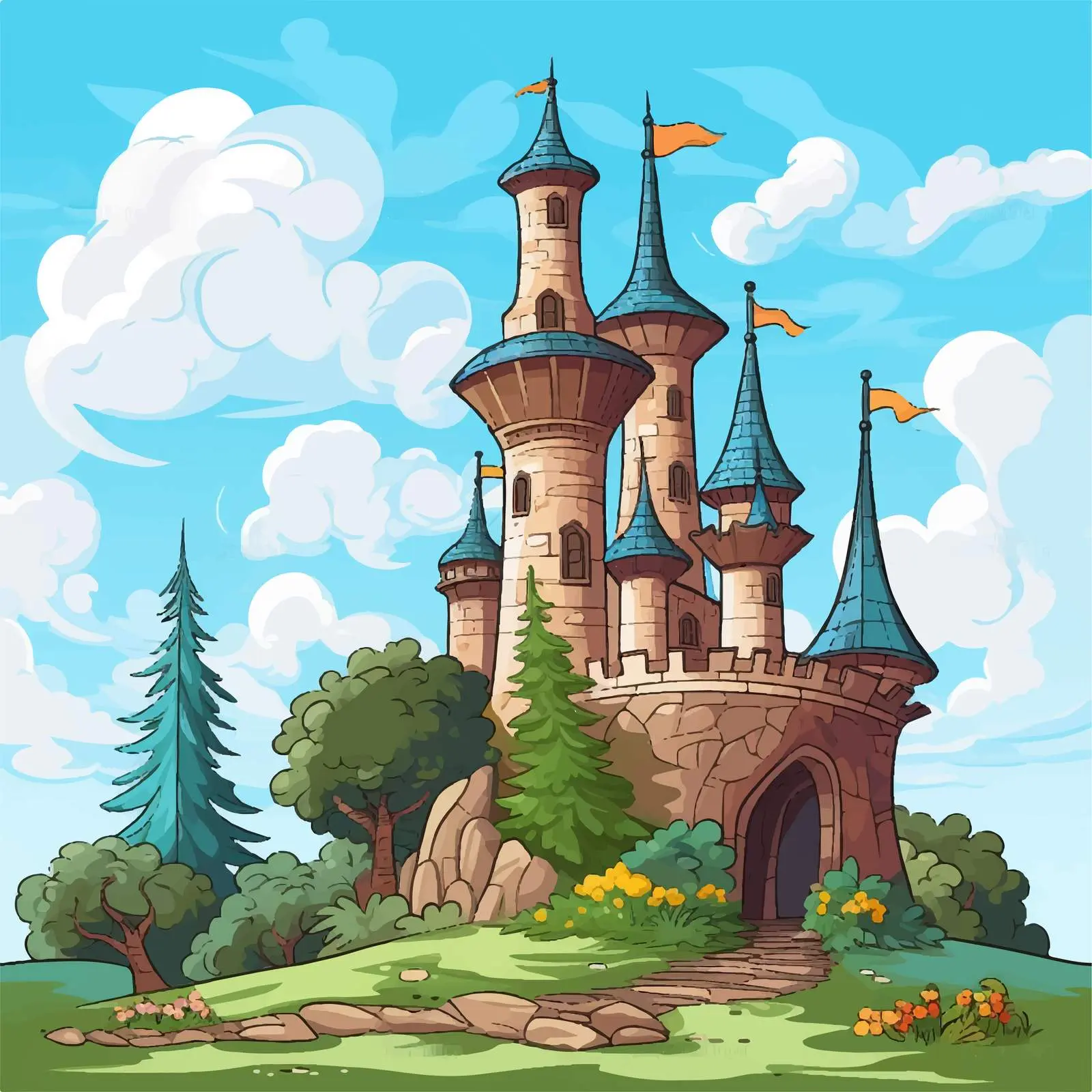 Cartoon Forest Castle Tower Vector Illustration — free download from Dotvec