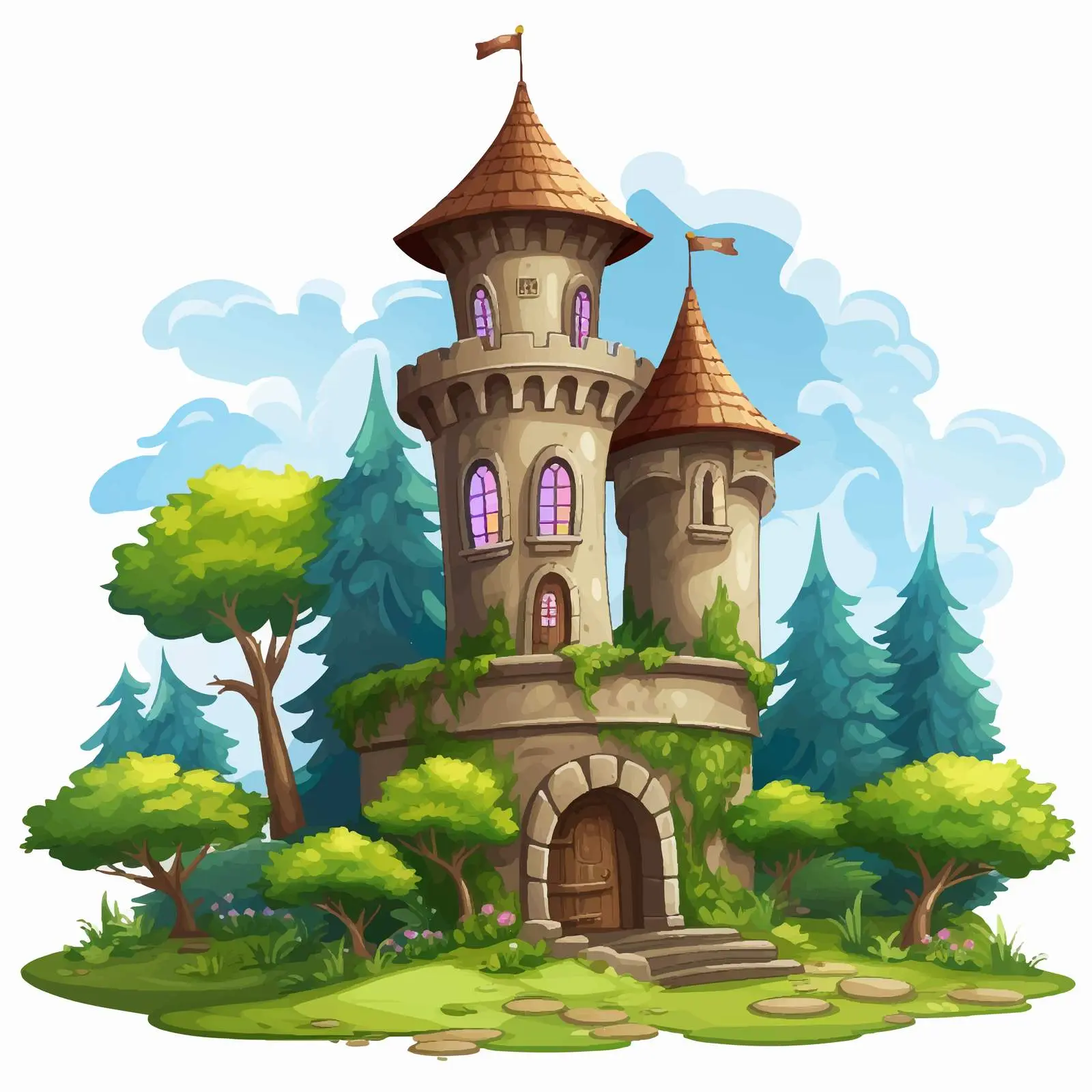 Cartoon Forest Castle Tower Vector Illustration — free download from Dotvec