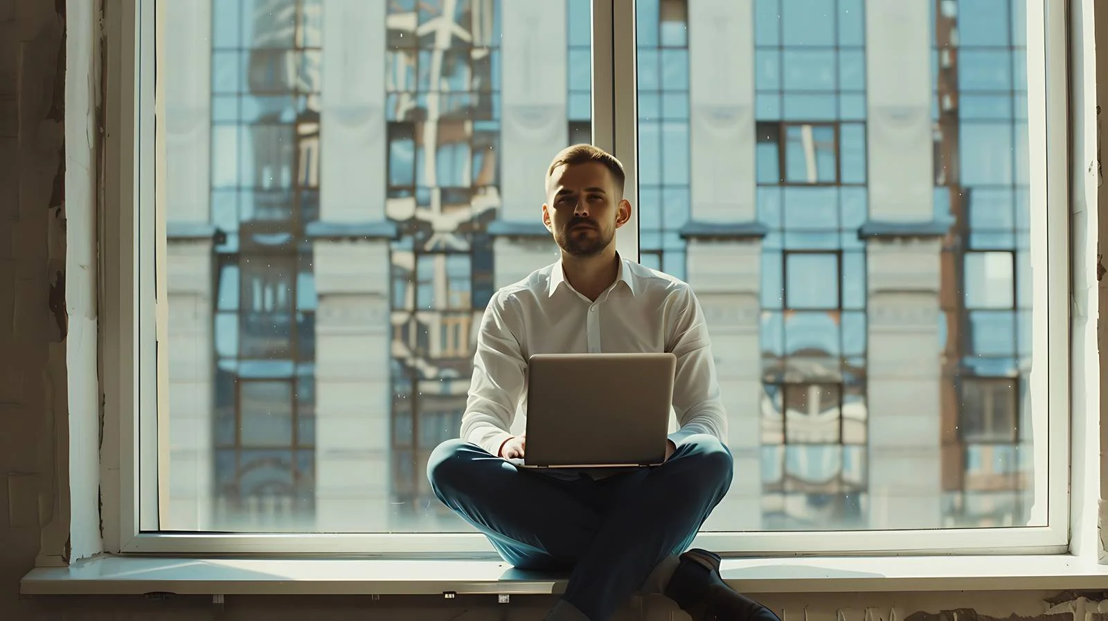 Businessman Relaxing on Windowsill in Office — free download from Dotvec