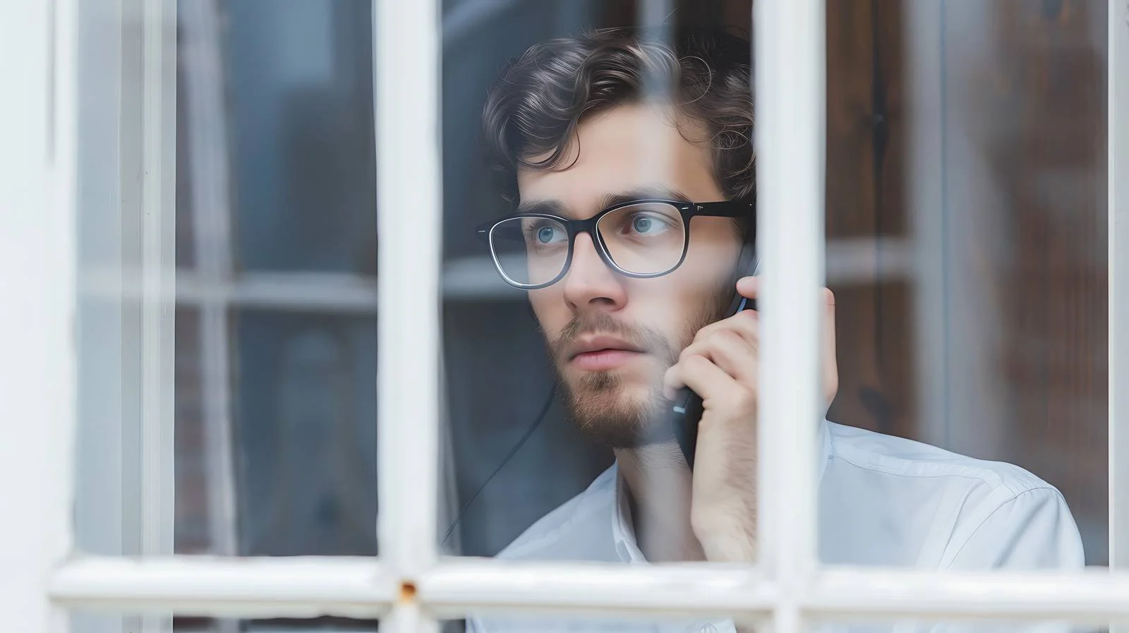 Young Businessman Behind Window on Phone — free download from Dotvec