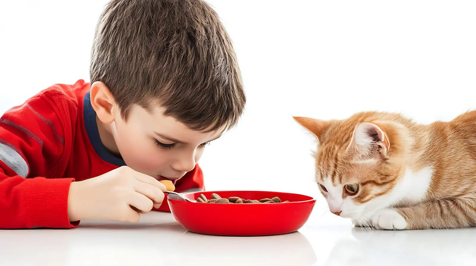 Cat and Boy Sharing Food in Bowl — free download from Dotvec