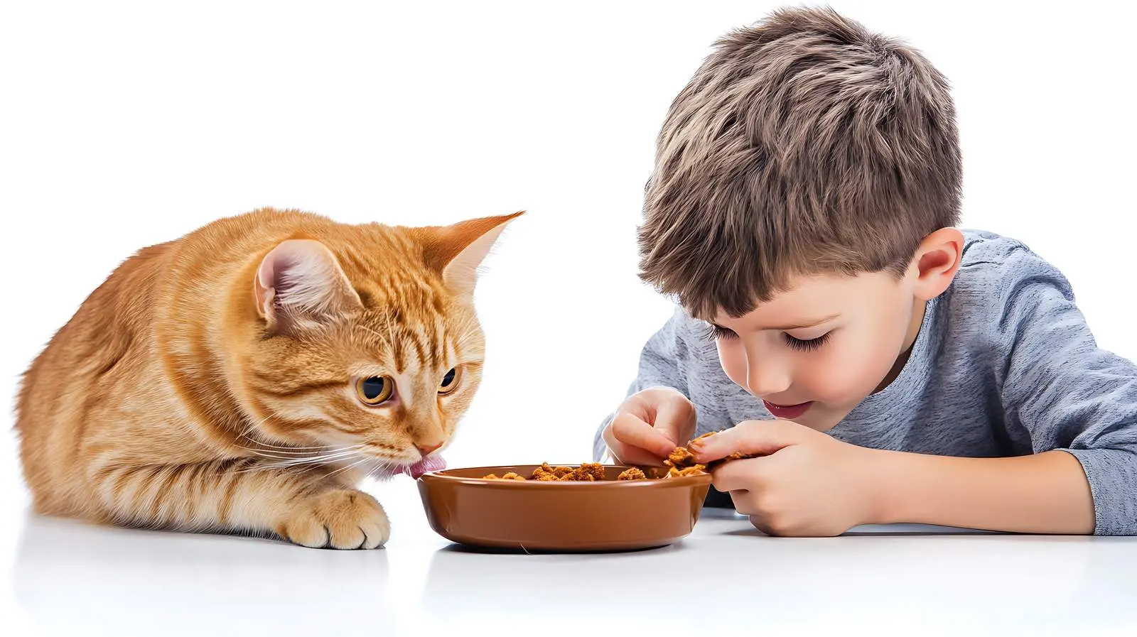 Cat and Boy Sharing Food from Bowl – free caring image from Dotvec