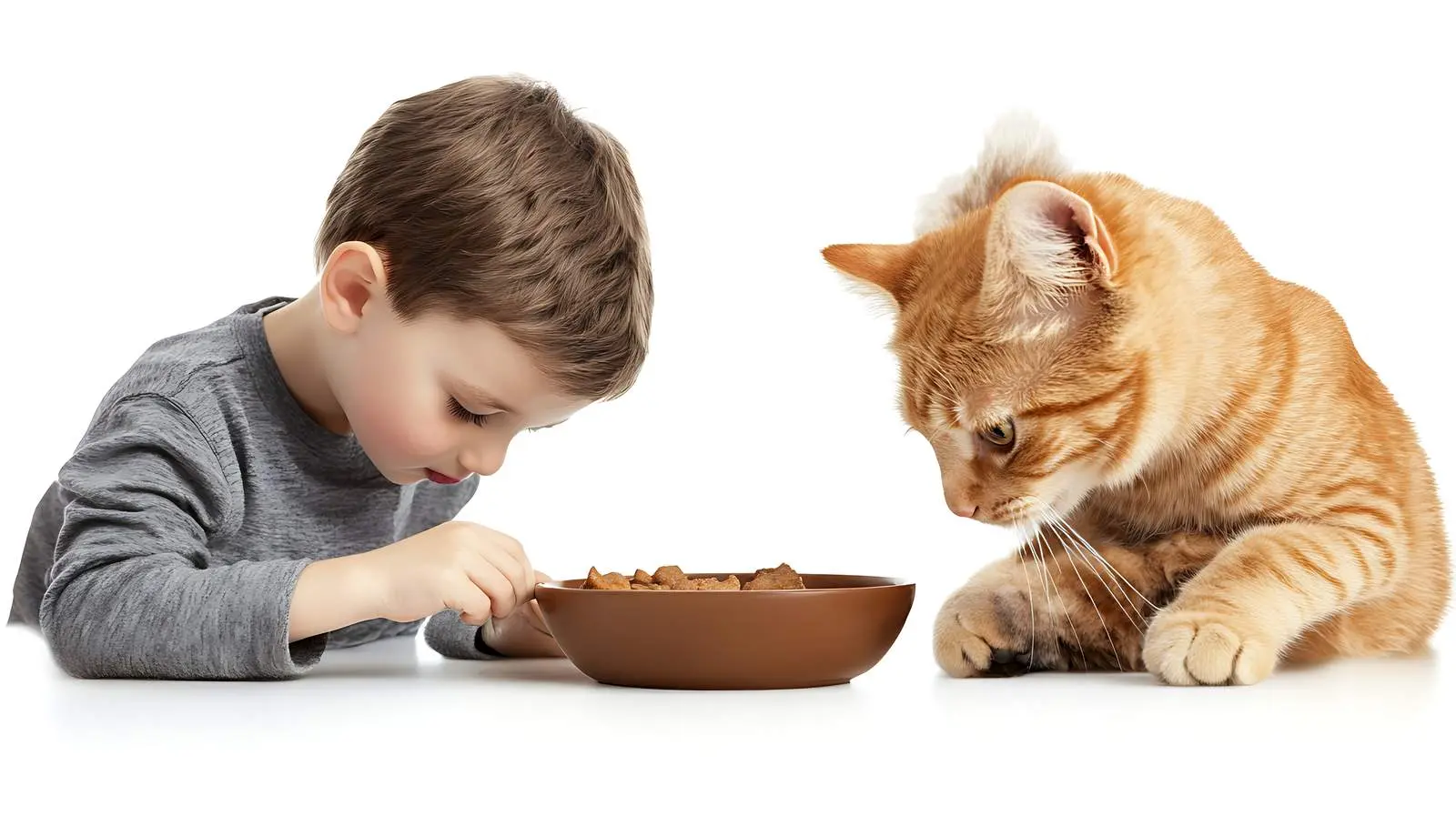 Cat and Boy Sharing Food Bowl – free cat lover image from Dotvec