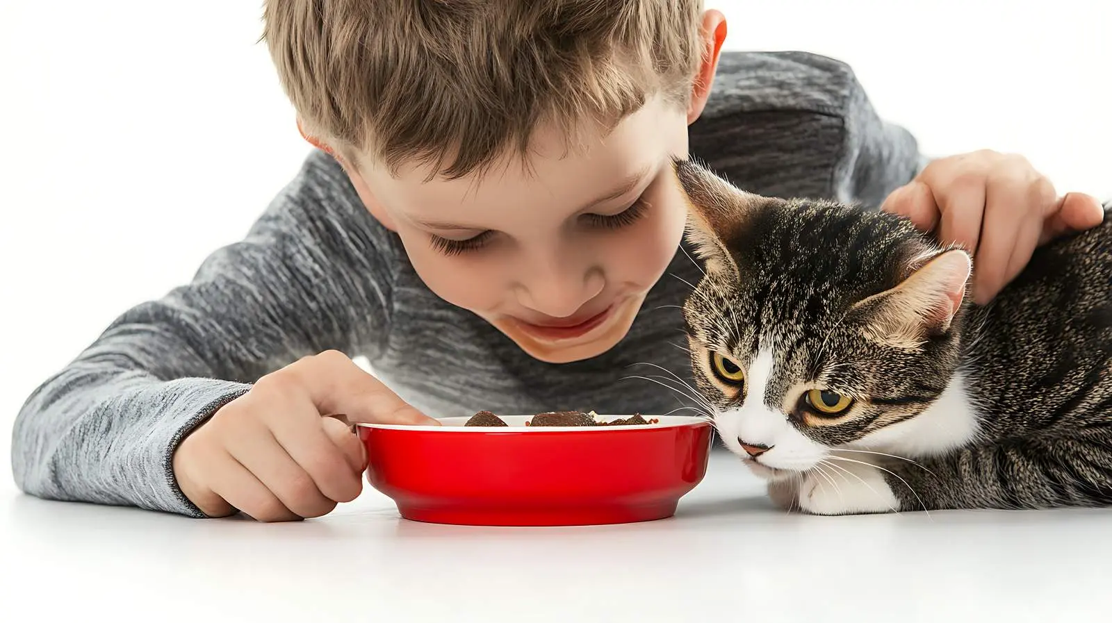 Cat and Boy Sharing Food Bowl — free download from Dotvec