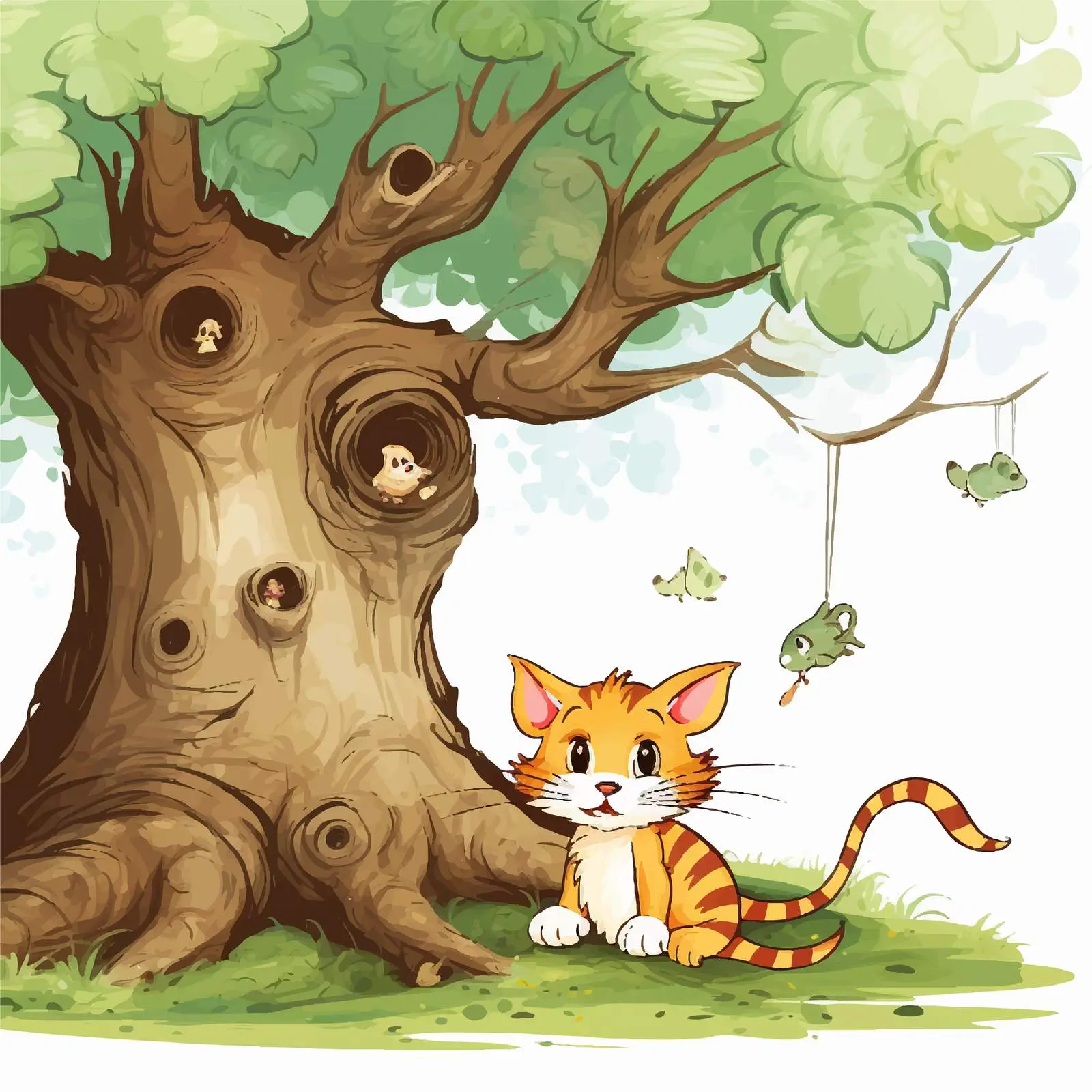 Cat and Mouse Playing Under a Tree Vector — free download from Dotvec