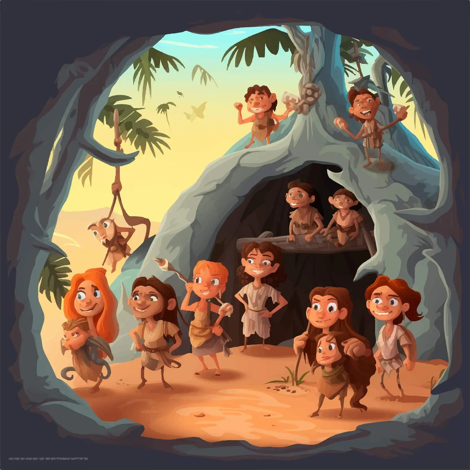 Cave People Living in Forest Illustration – free wild nature image from Dotvec