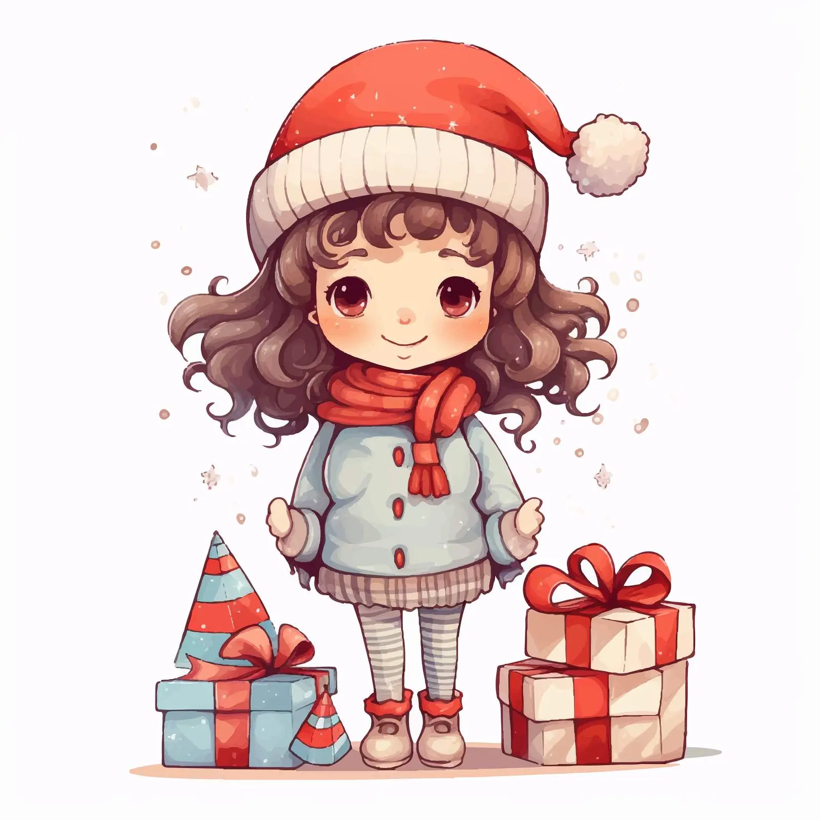 Merry Christmas Doodle Girl in Hat Vector — free download from Dotvec
