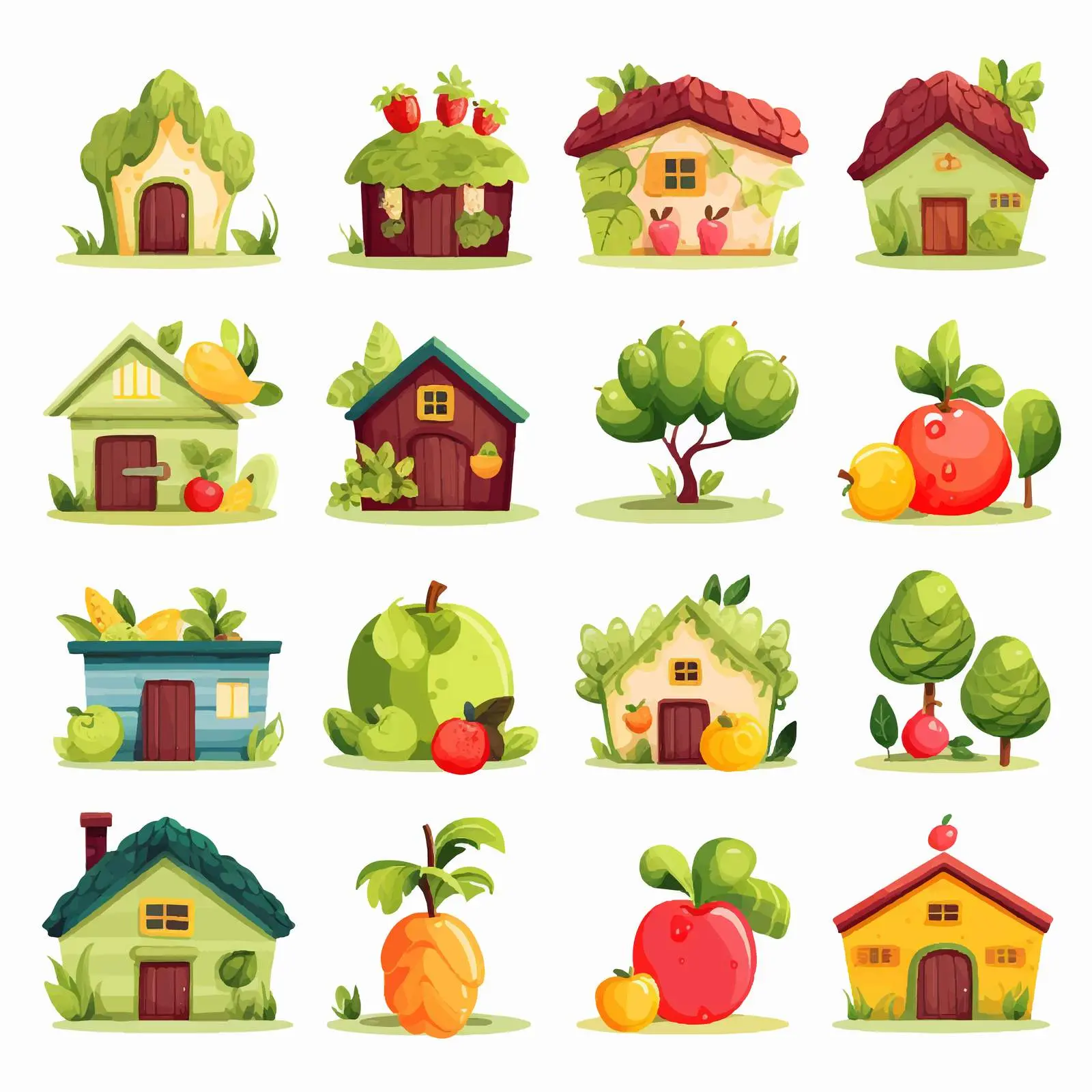 Charming Fruit and Vegetable Shaped Homes Vector – free kids design image from Dotvec