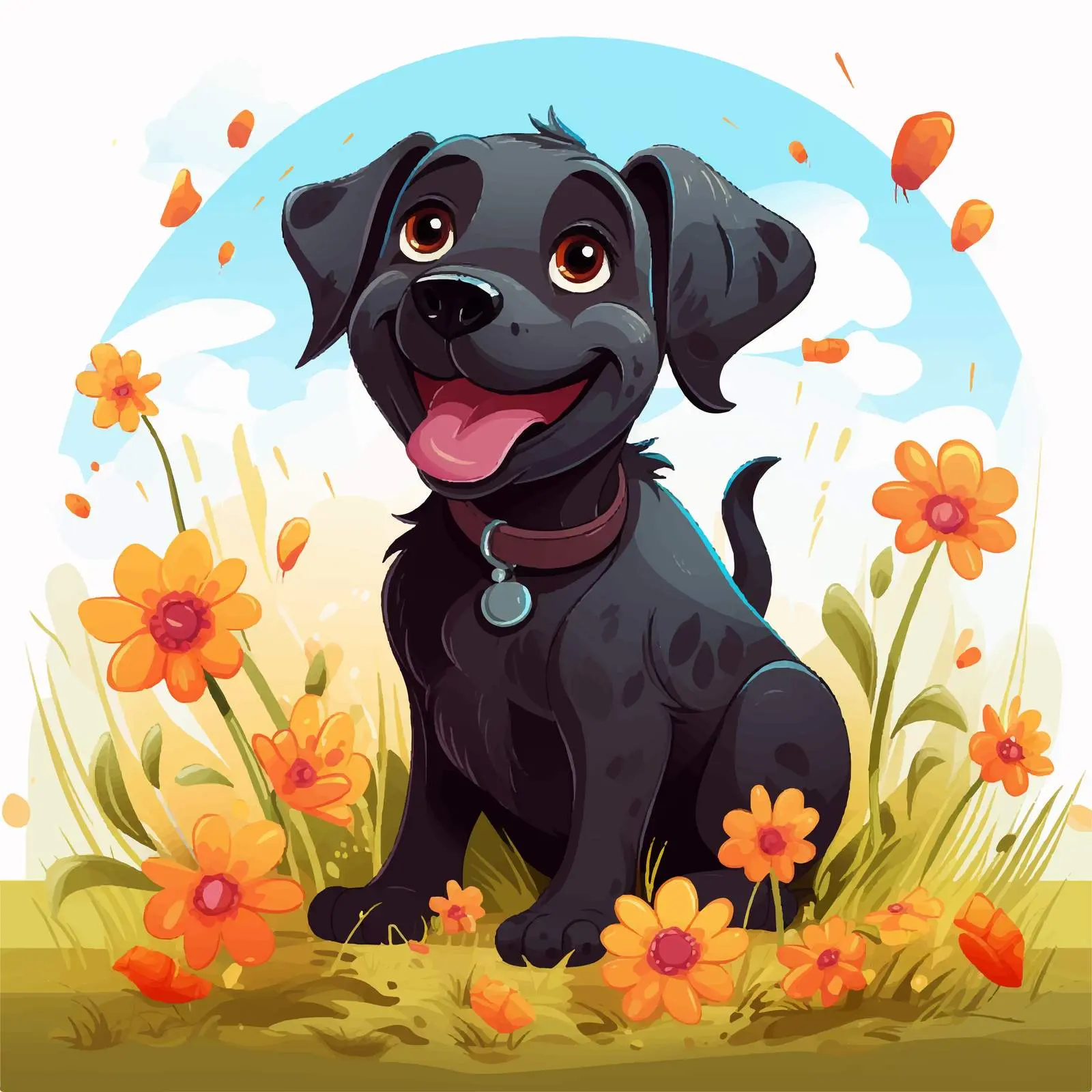 Cheerful Black Dog in Colorful Meadow Vector — free download from Dotvec