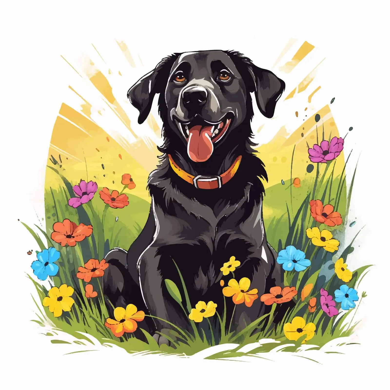 Cheerful Black Dog in Colorful Meadow Vector — free download from Dotvec