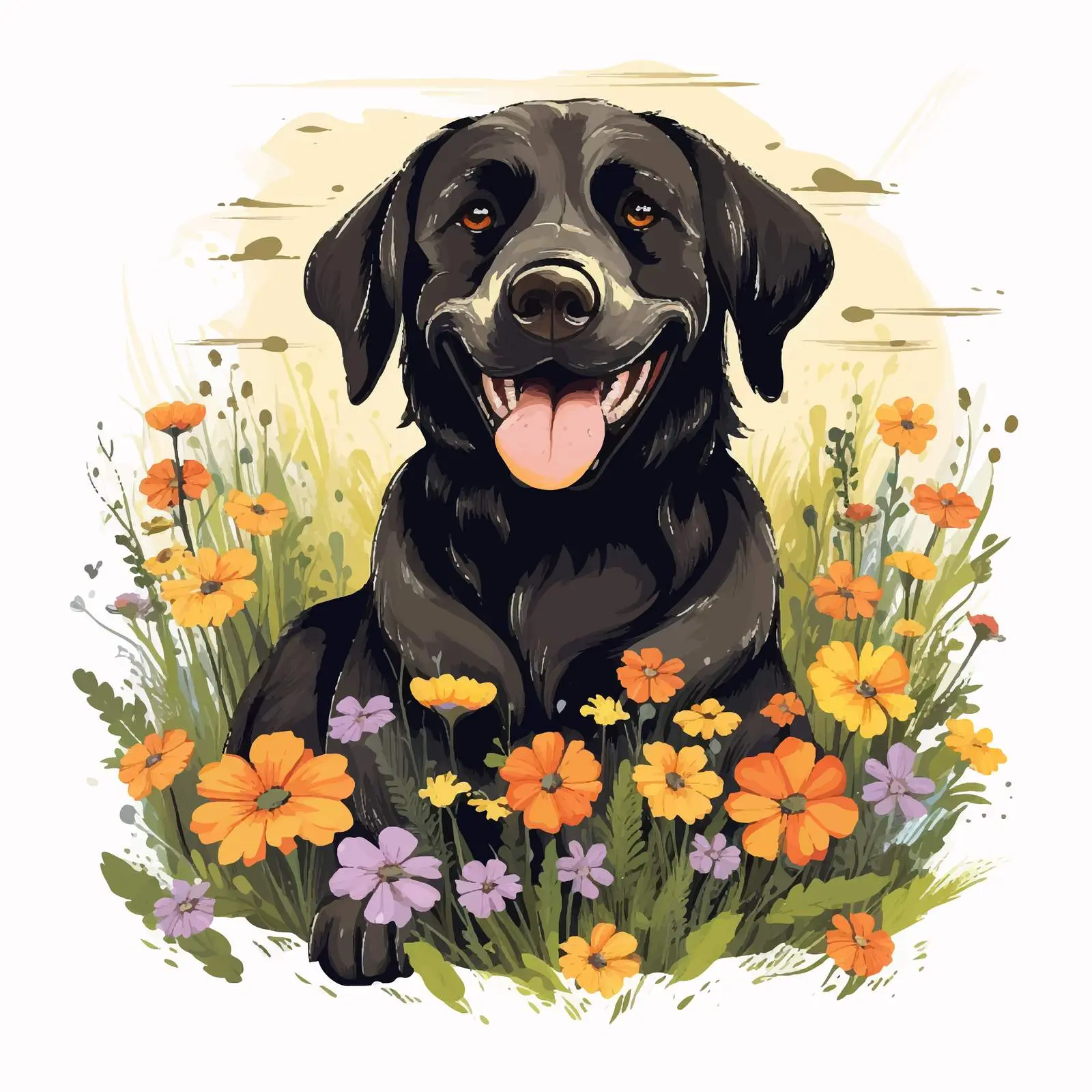 Cheerful Black Dog in Colorful Meadow Vector — free download from Dotvec