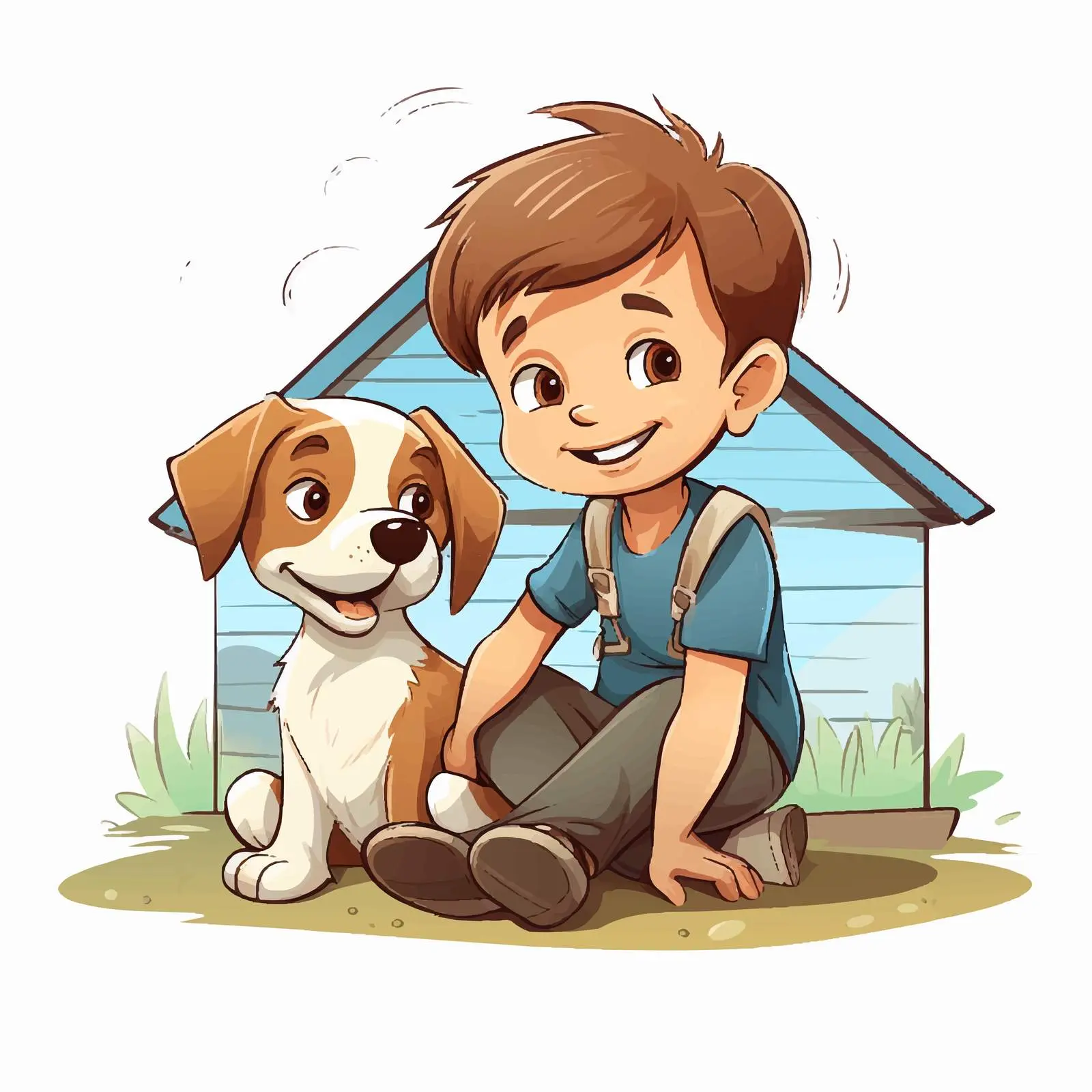 Cheerful Boy with Dog by House Vector — free download from Dotvec