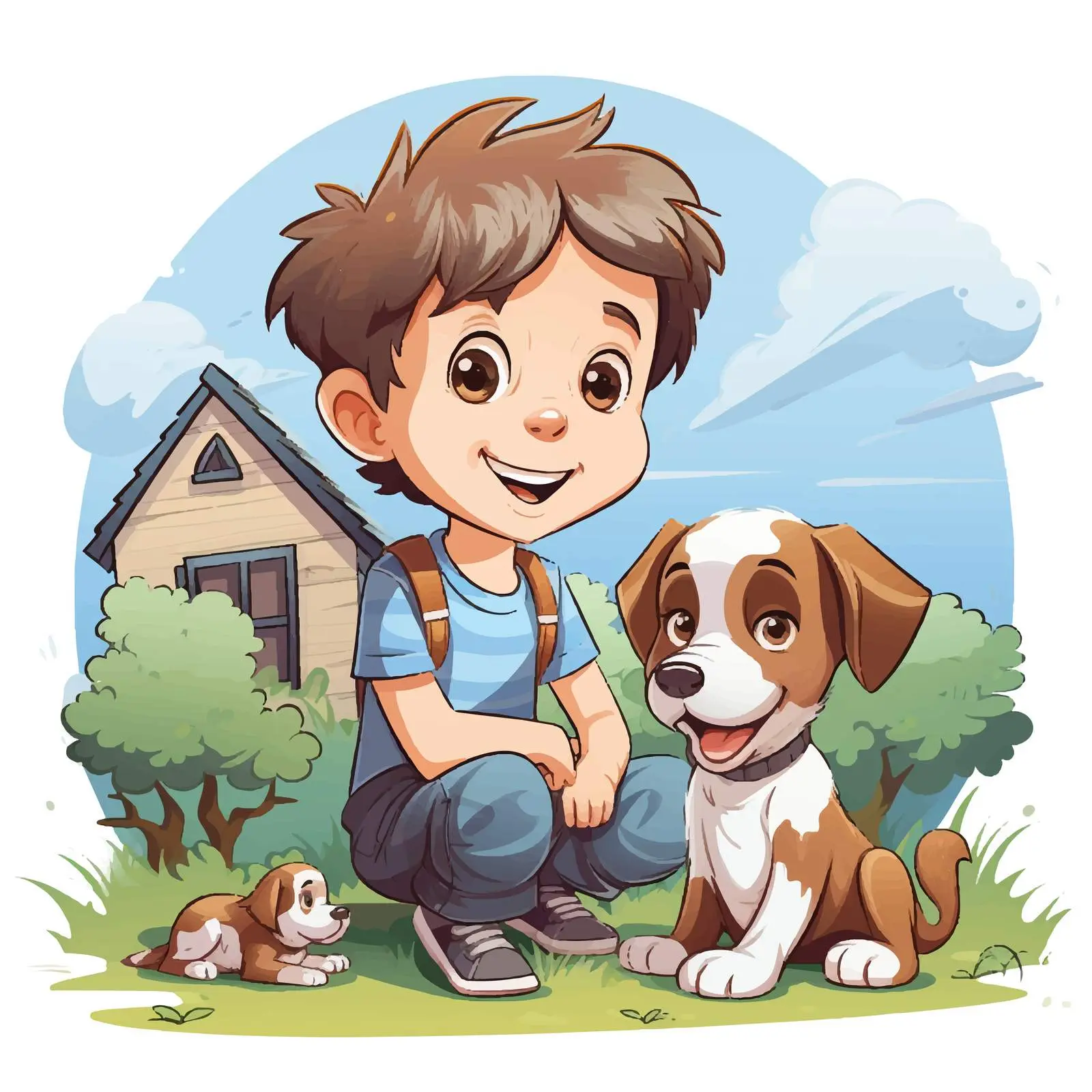 Cheerful Boy with Dog by House Vector Illustration — free download from Dotvec