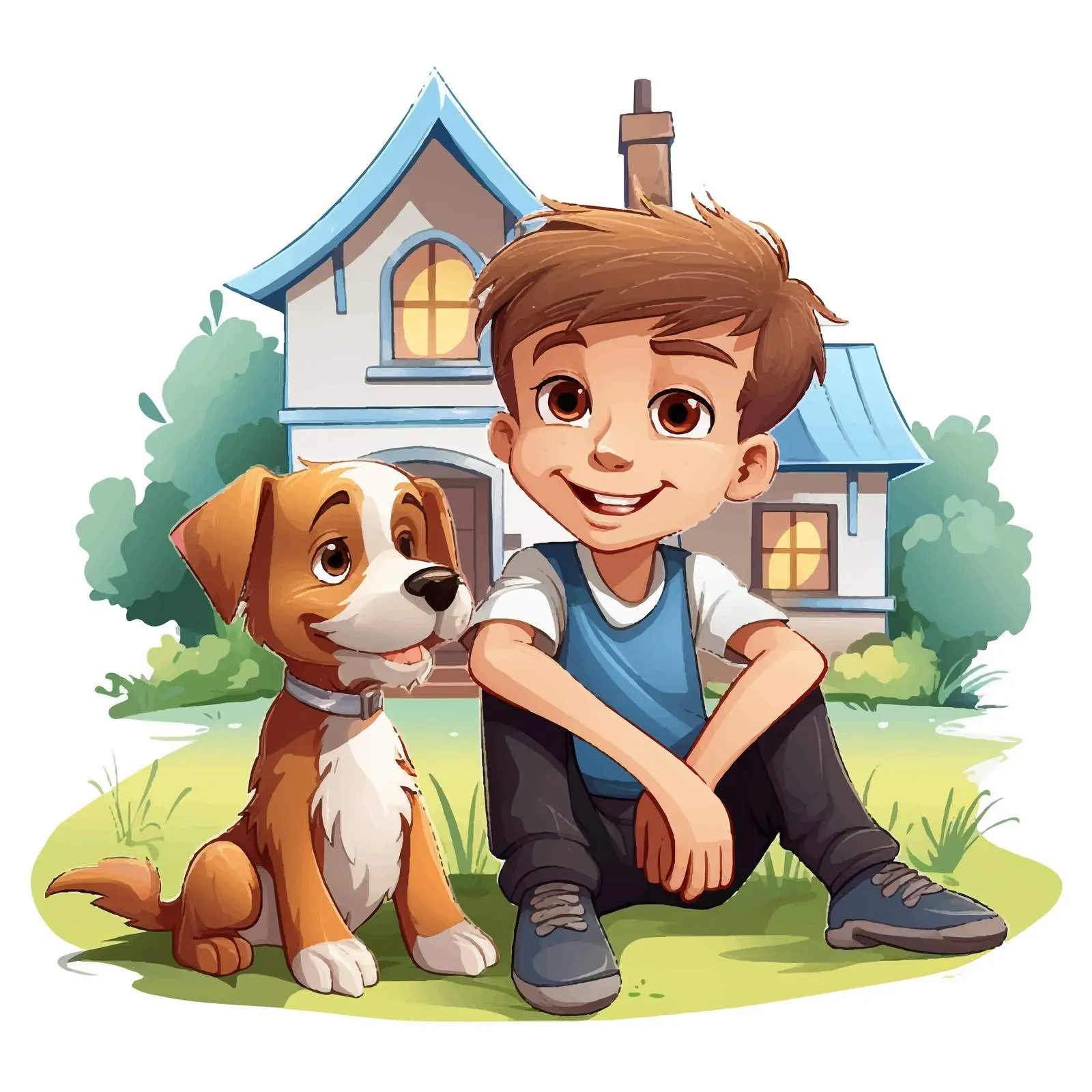 Cheerful Boy with Dog by House Vector — free download from Dotvec