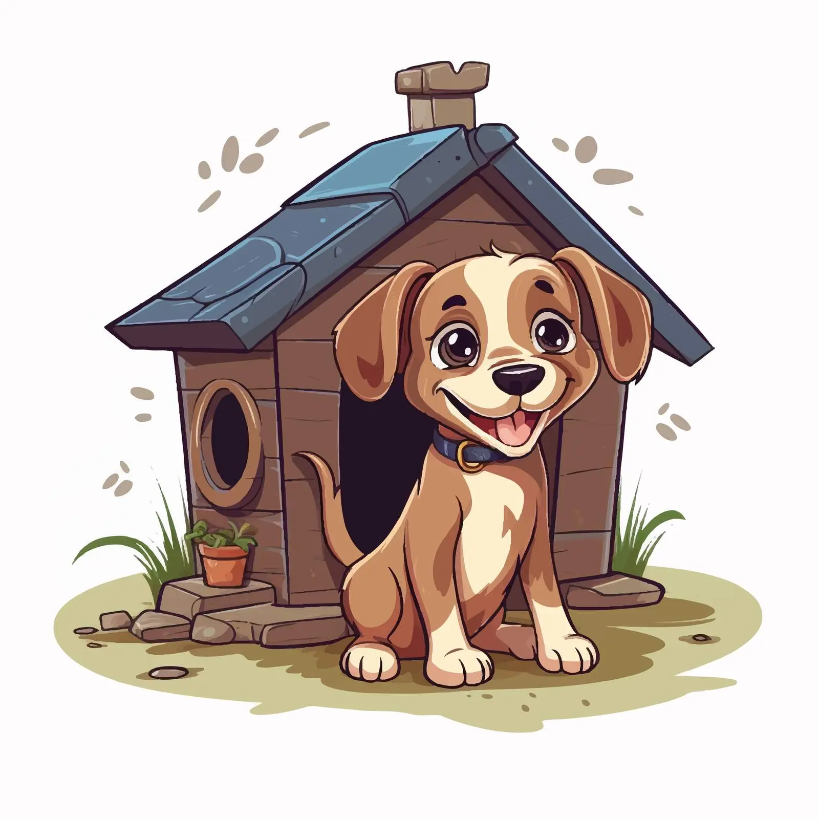 Cheerful Dog with Bone by Its Kennel — free download from Dotvec