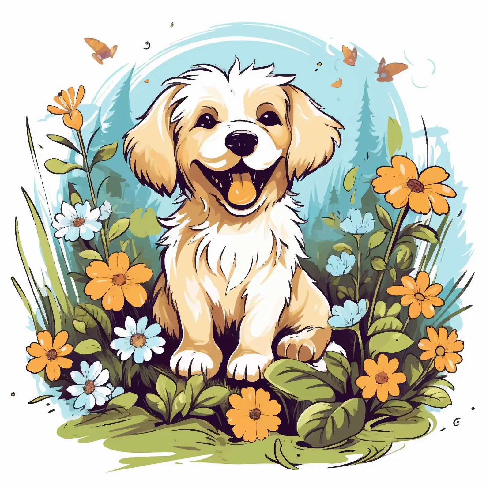 Cheerful Dog in Vibrant Garden Vector Art — free download from Dotvec
