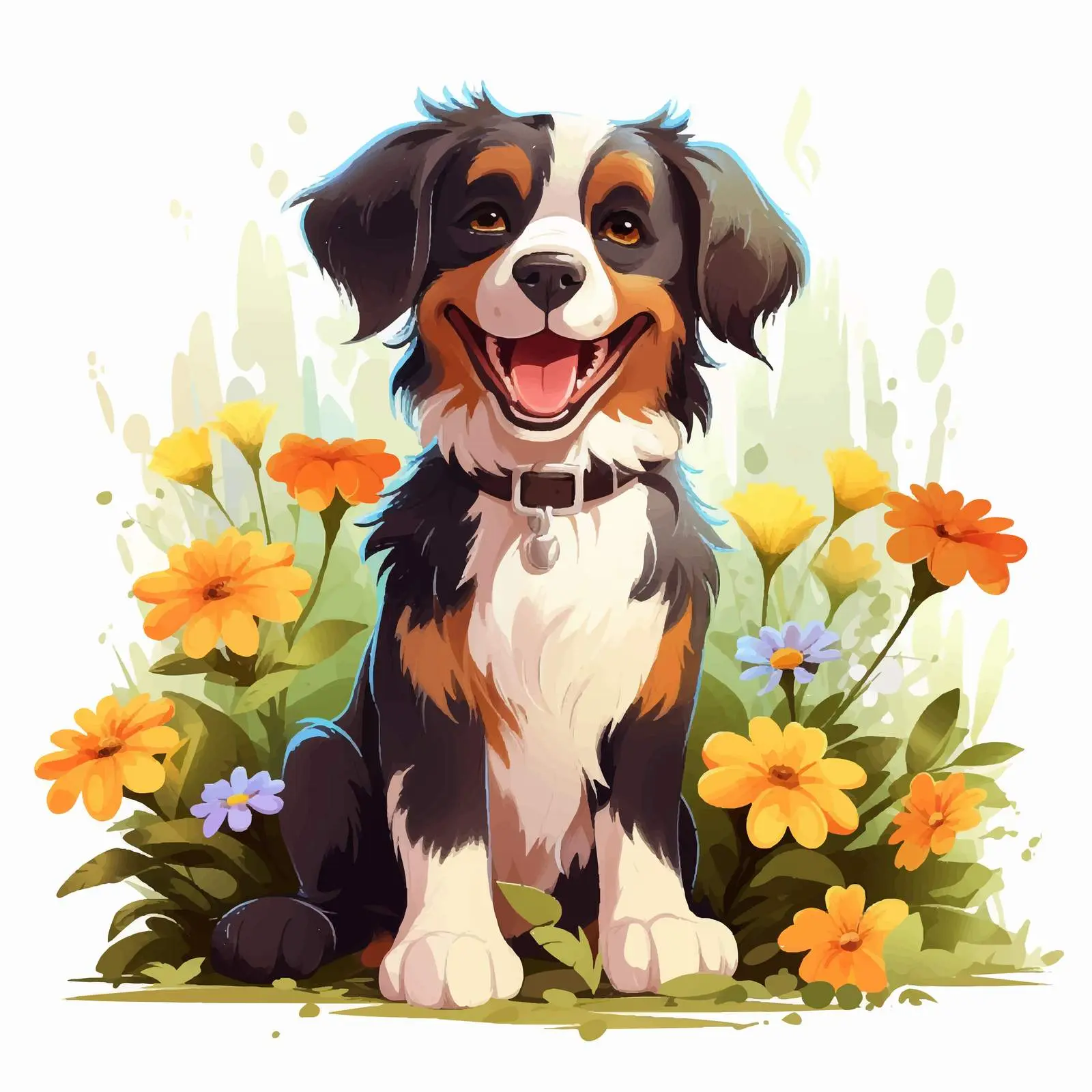 Cheerful Dog in a Vibrant Garden Vector Illustration — free download from Dotvec