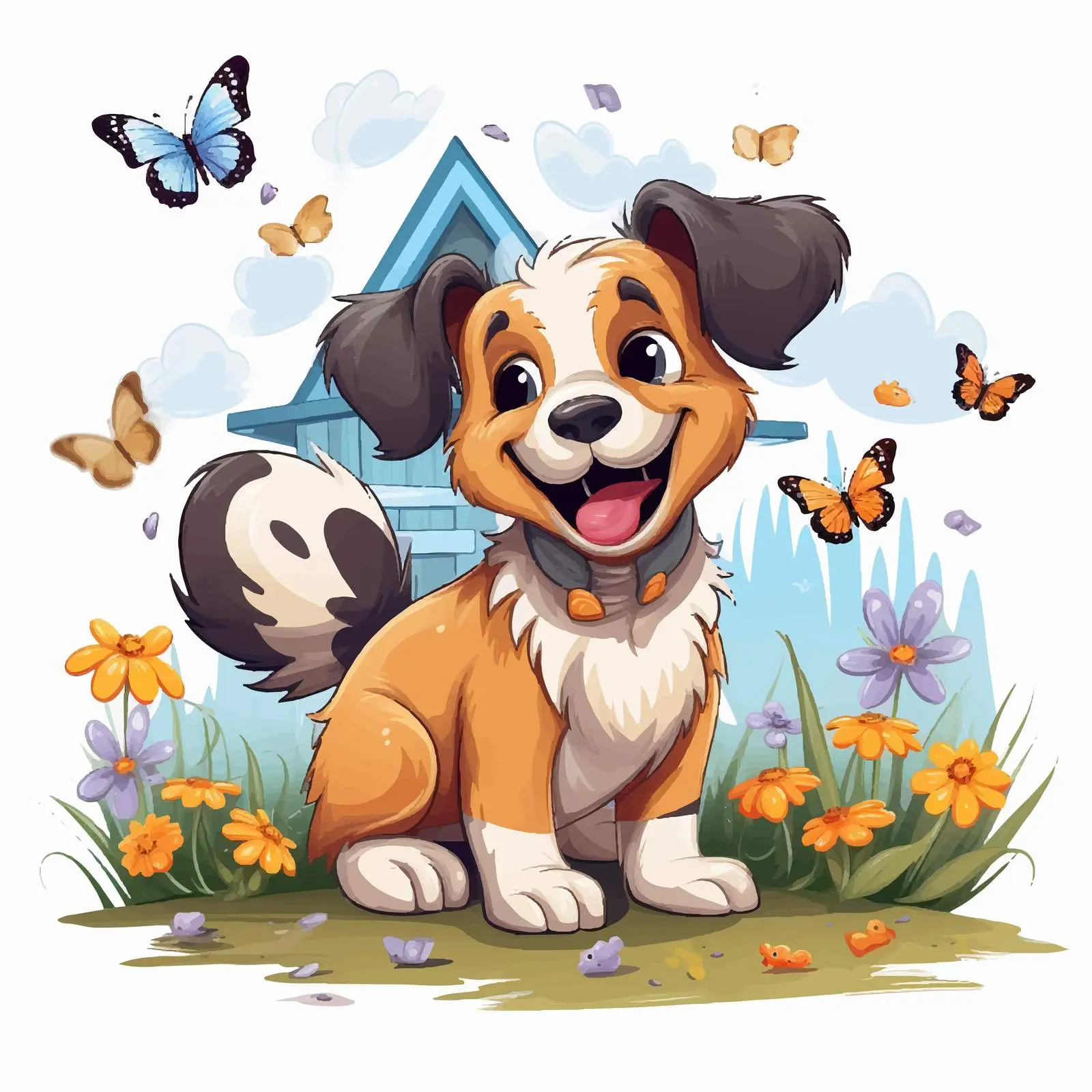 Cheerful Dog with Butterflies Near Cozy House — free download from Dotvec