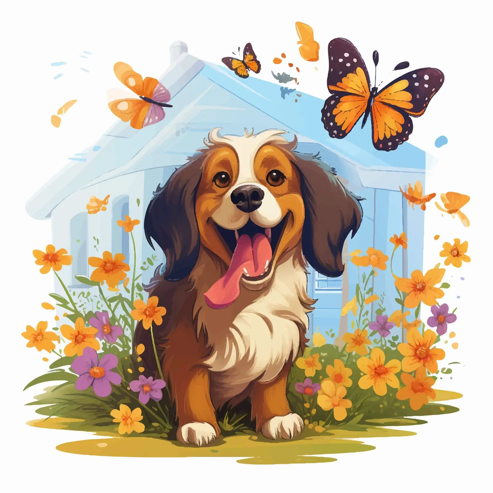 Cheerful Dog with Butterflies and Cozy House — free download from Dotvec