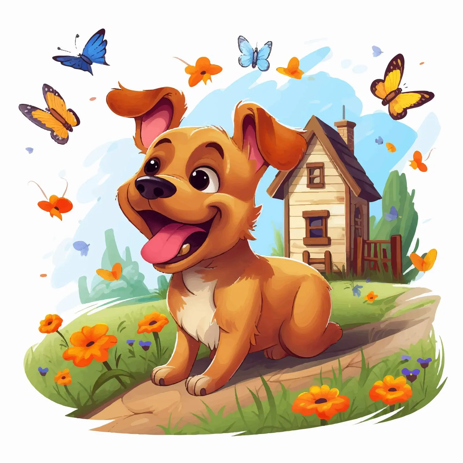 Cheerful Dog with Butterflies by Cozy House — free download from Dotvec