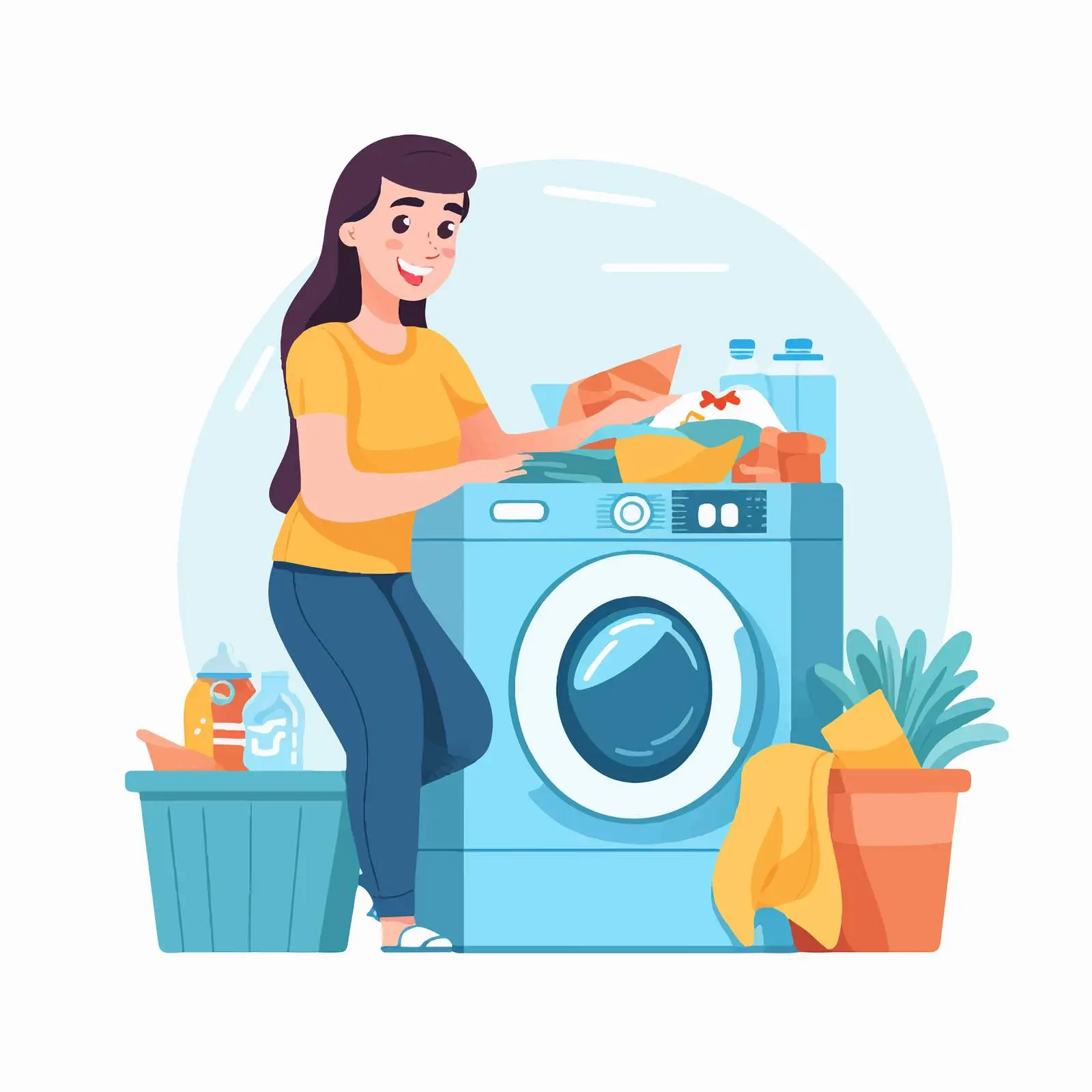 Cheerful Woman Unloading Freshly Cleaned Laundry — free download from Dotvec