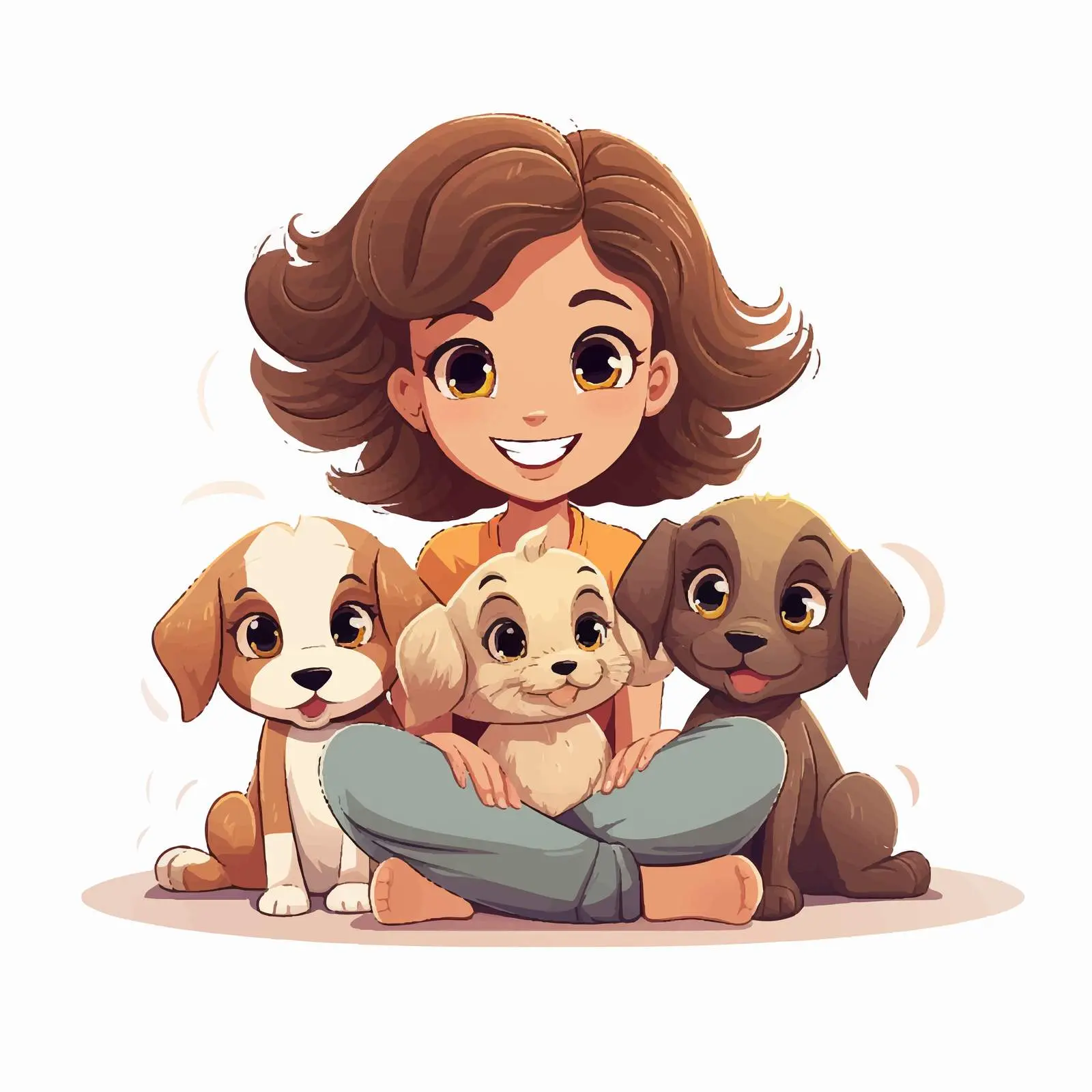 Cheerful Girl with Three Cute Puppies Vector — free download from Dotvec