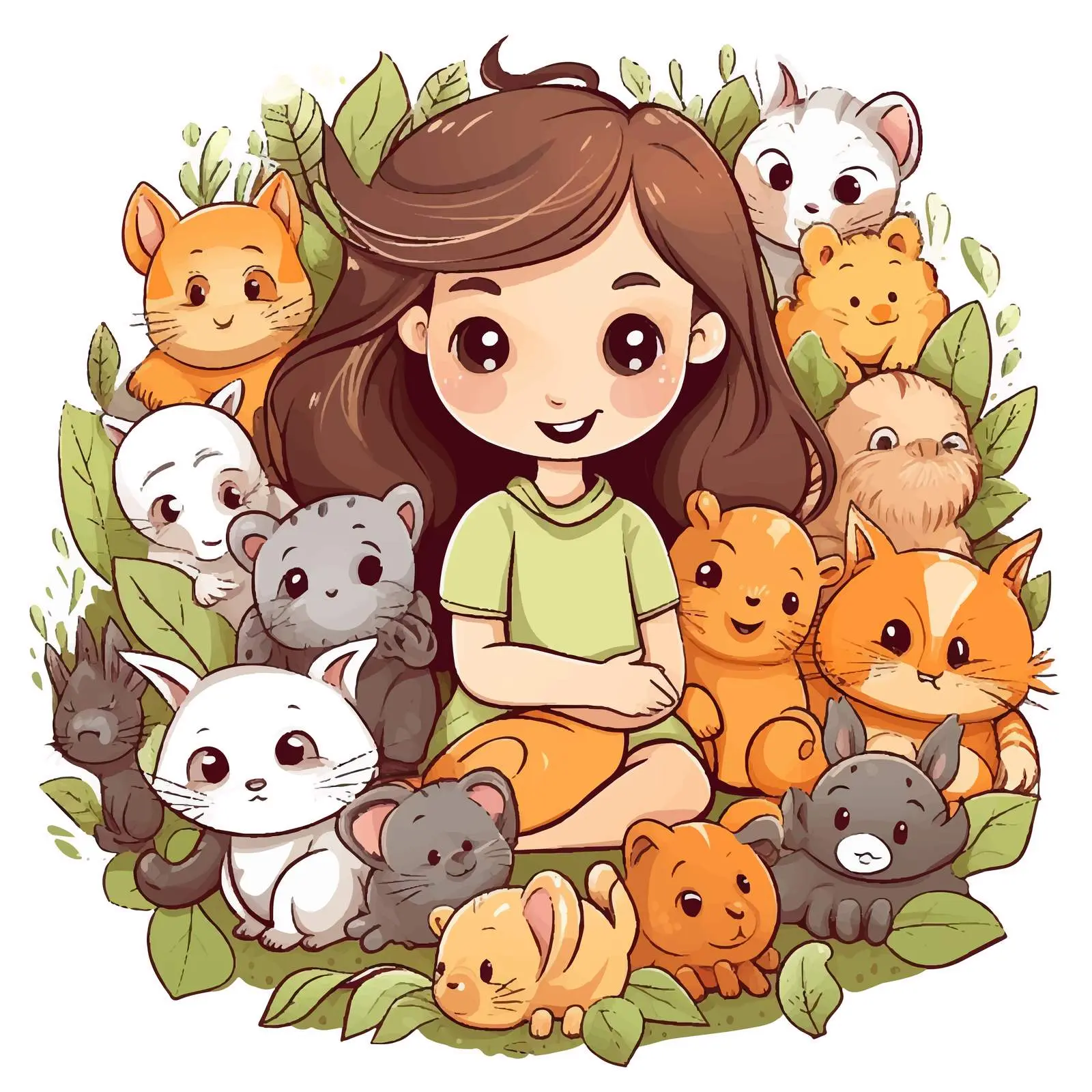Cheerful Girl with Cute Animals Vector Art – free rounded image from Dotvec