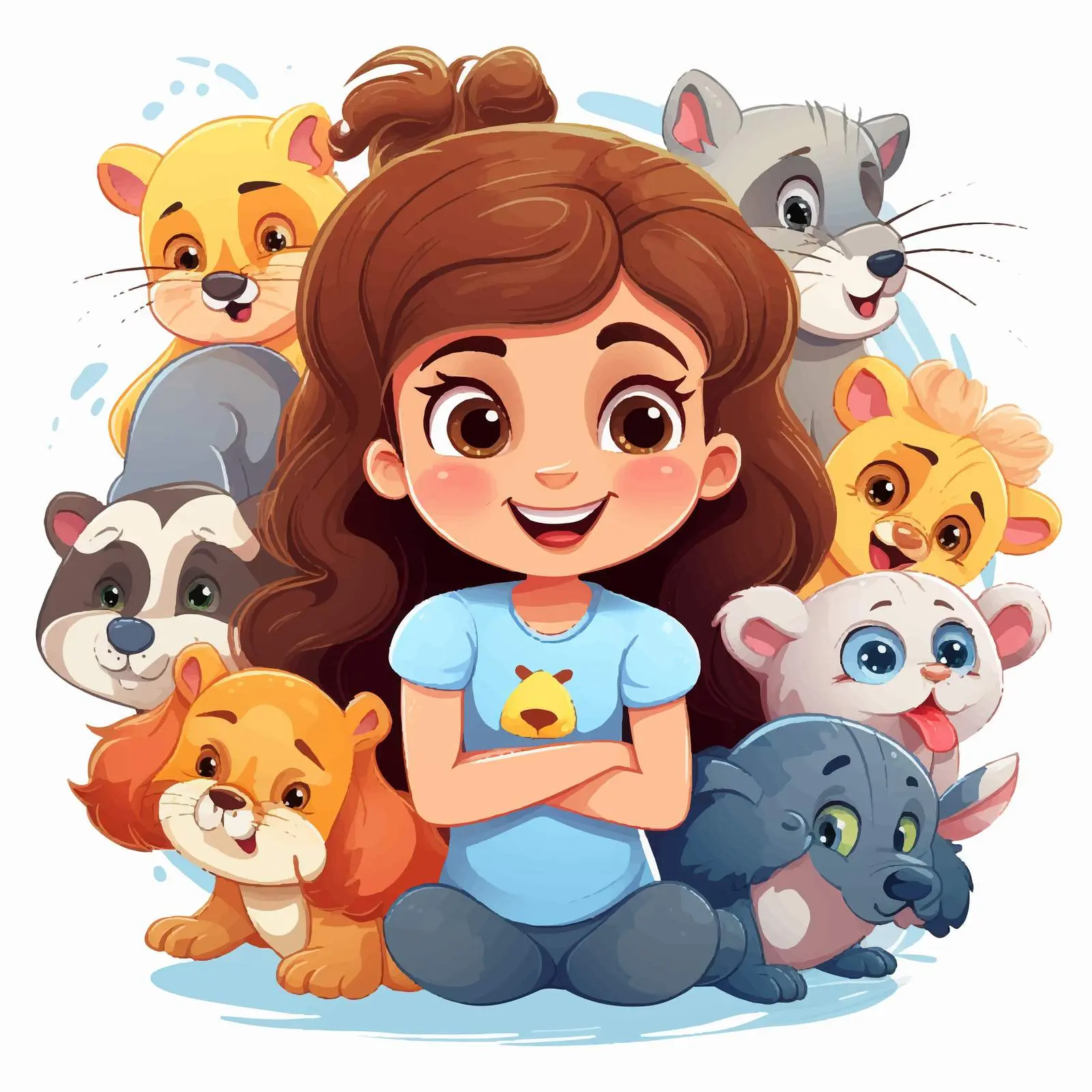 Cheerful Girl with Cute Animals Vector Illustration — free download from Dotvec