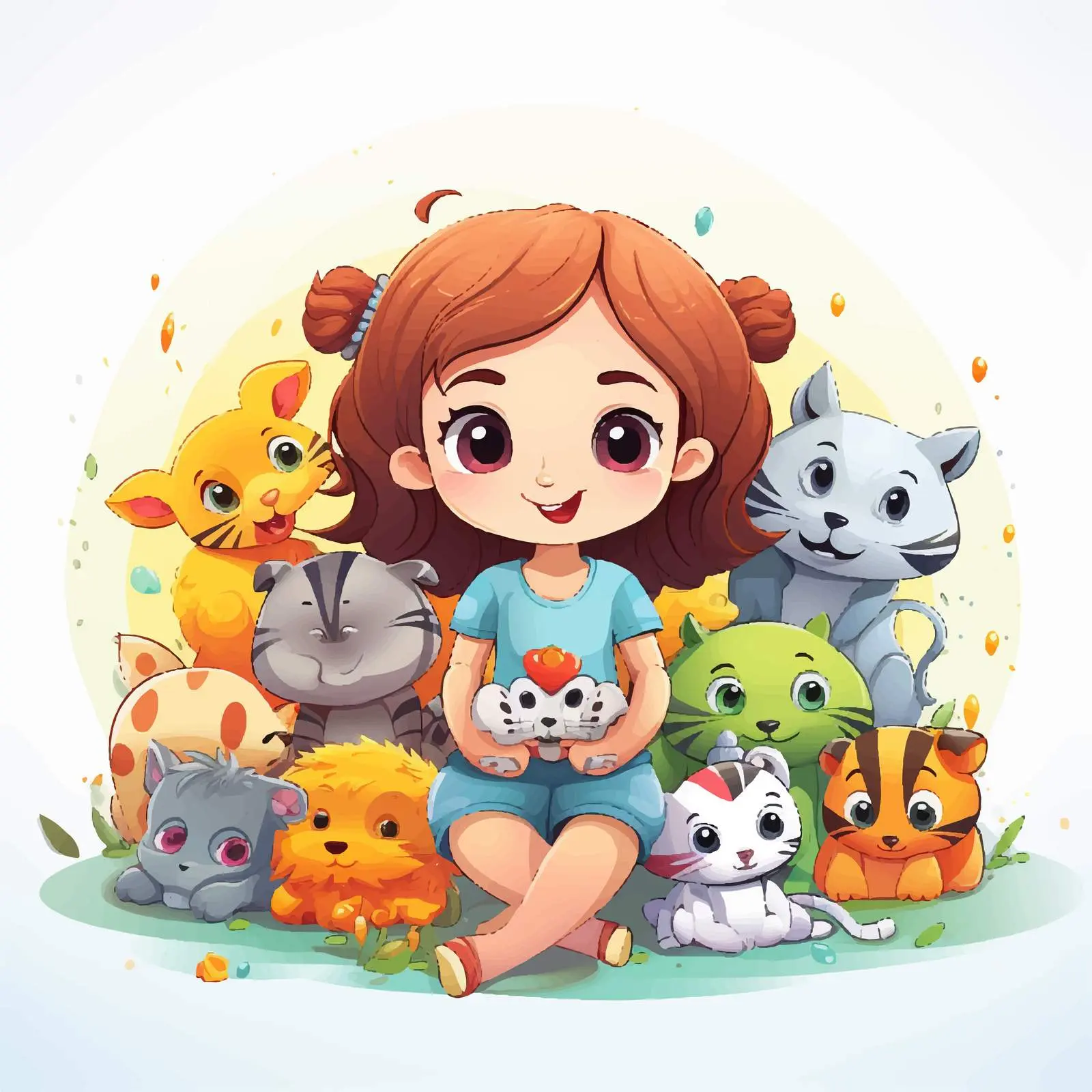 Cheerful Girl with Cute Animals Vector Art — free download from Dotvec
