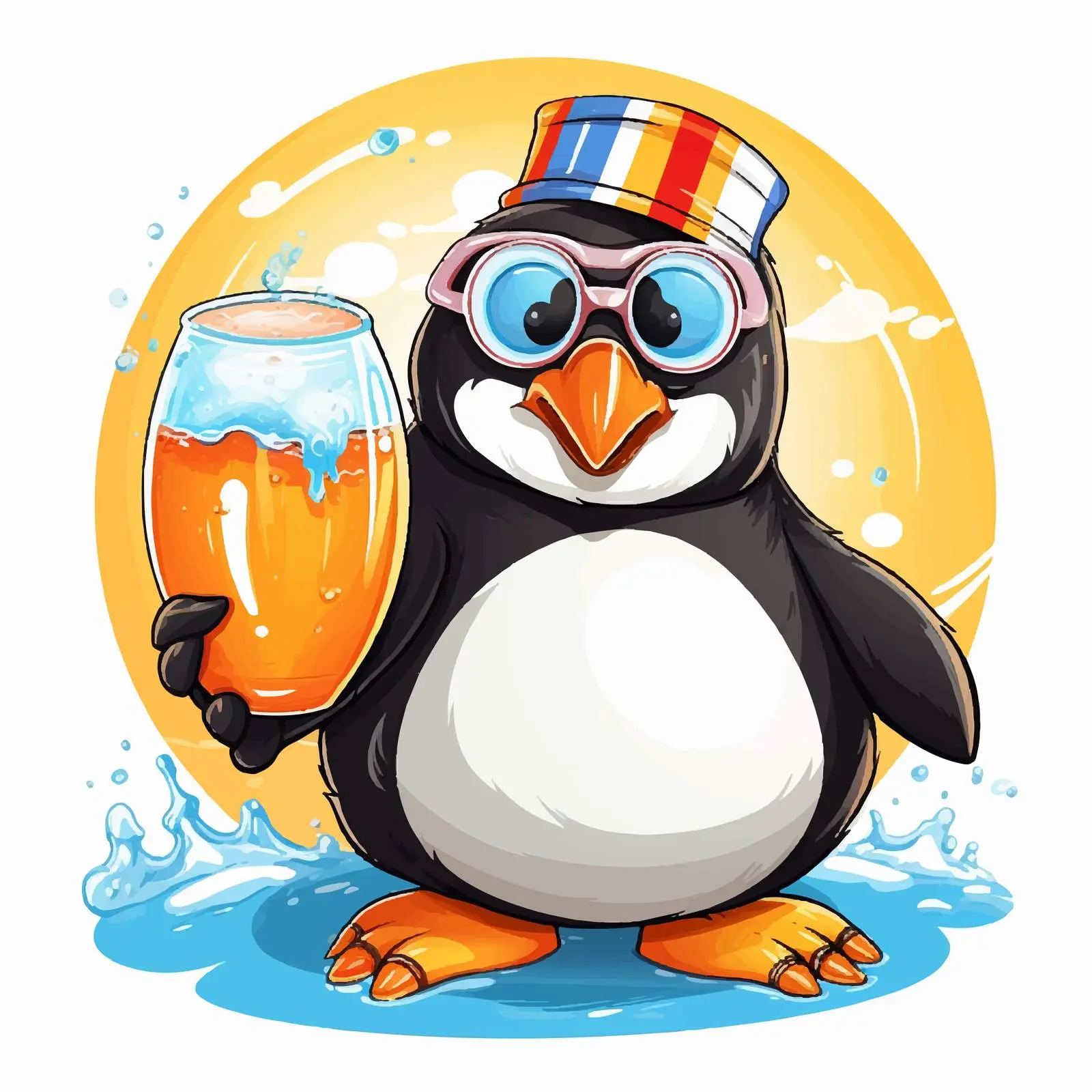 Cheerful Penguin with Beer and Beach Ball Vector — free download from Dotvec