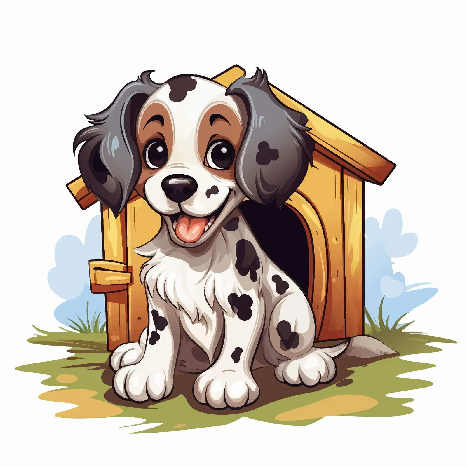 Cheerful Spotted Puppy by Its Kennel Vector — free download from Dotvec