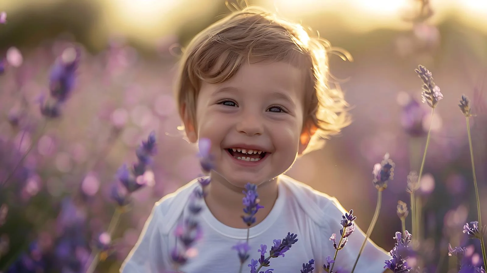 Joyful toddler in lavender field sunlight — free download from Dotvec