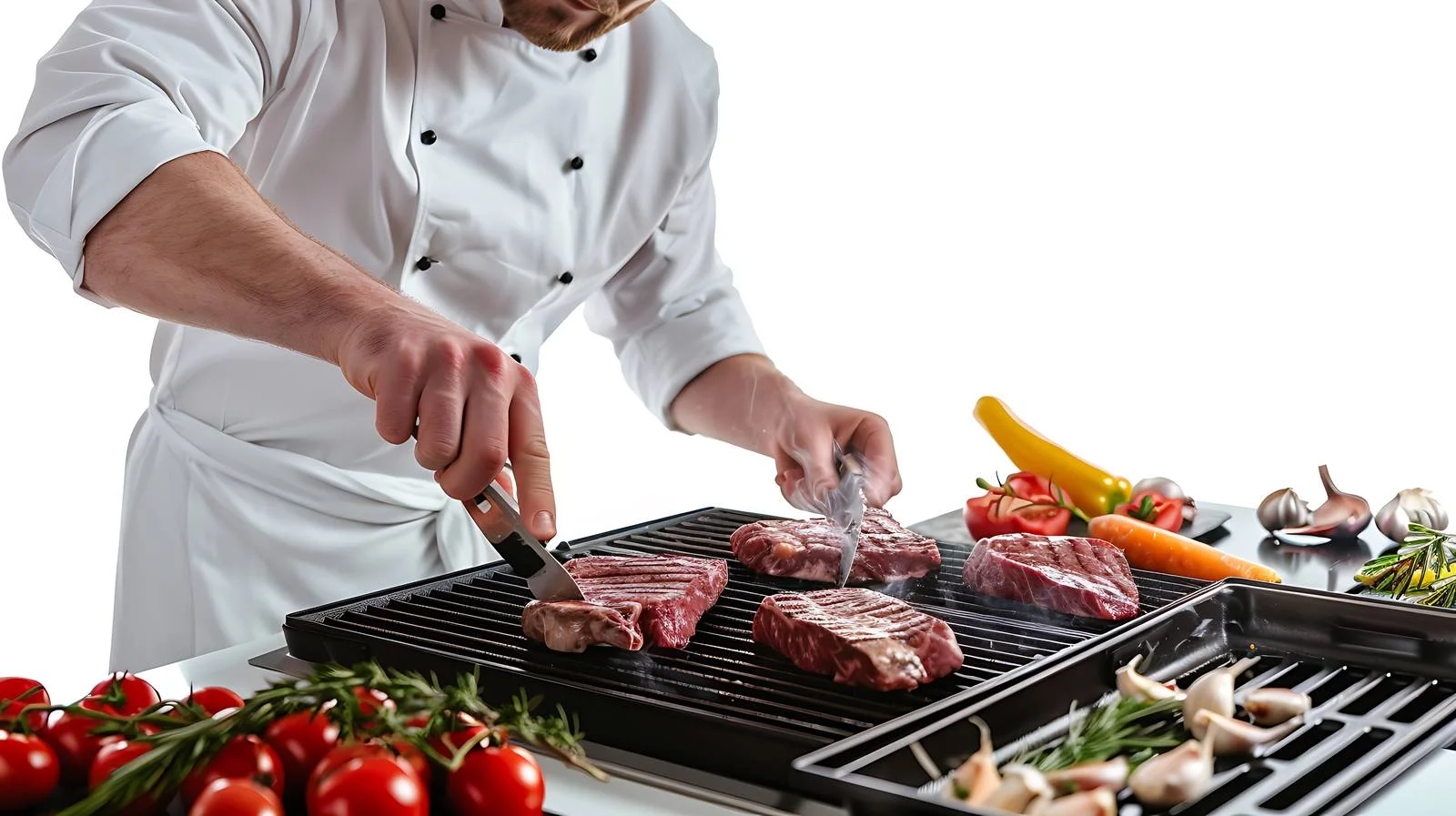Cook Preparing Beef Steaks in Kitchen — free download from Dotvec