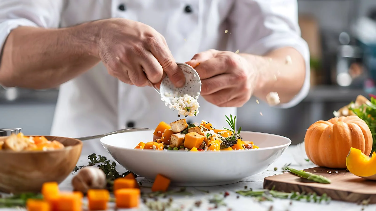 Chef making pumpkin porridge in kitchen — free download from Dotvec