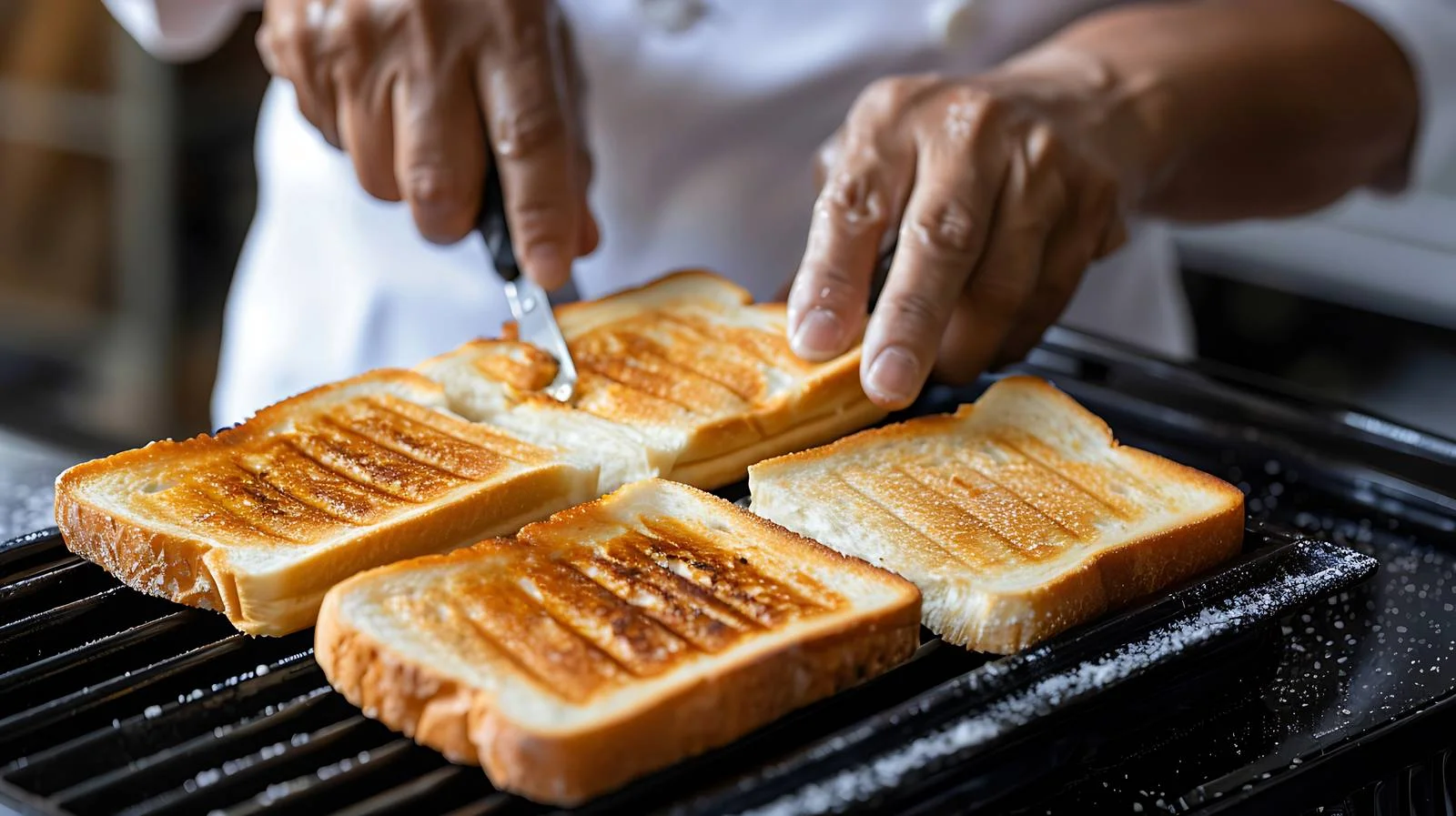 Professional chef toasting white bread on electric grill — free download from Dotvec