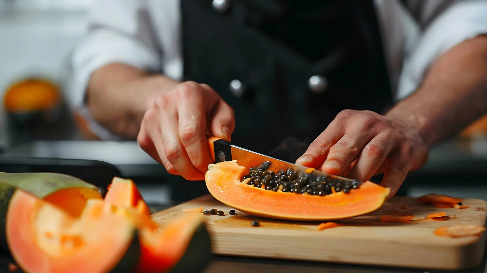 Chef Prepares Papaya on Cutting Board — free download from Dotvec