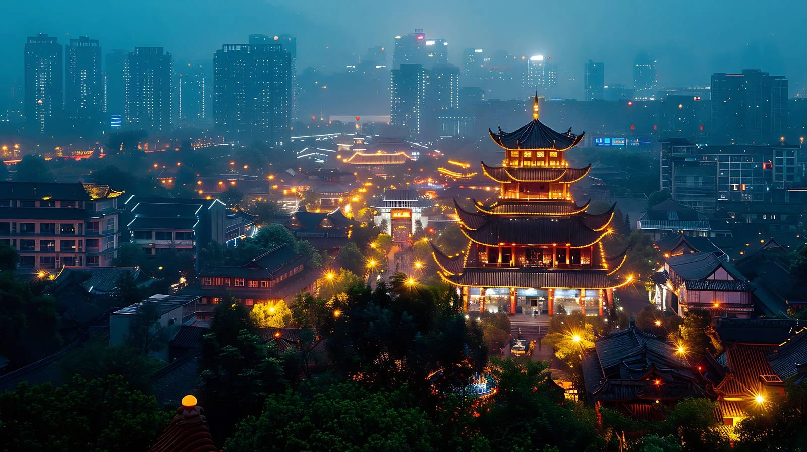 Chengdu Nightscape Over Pacific Ocean on White Background — free download from Dotvec
