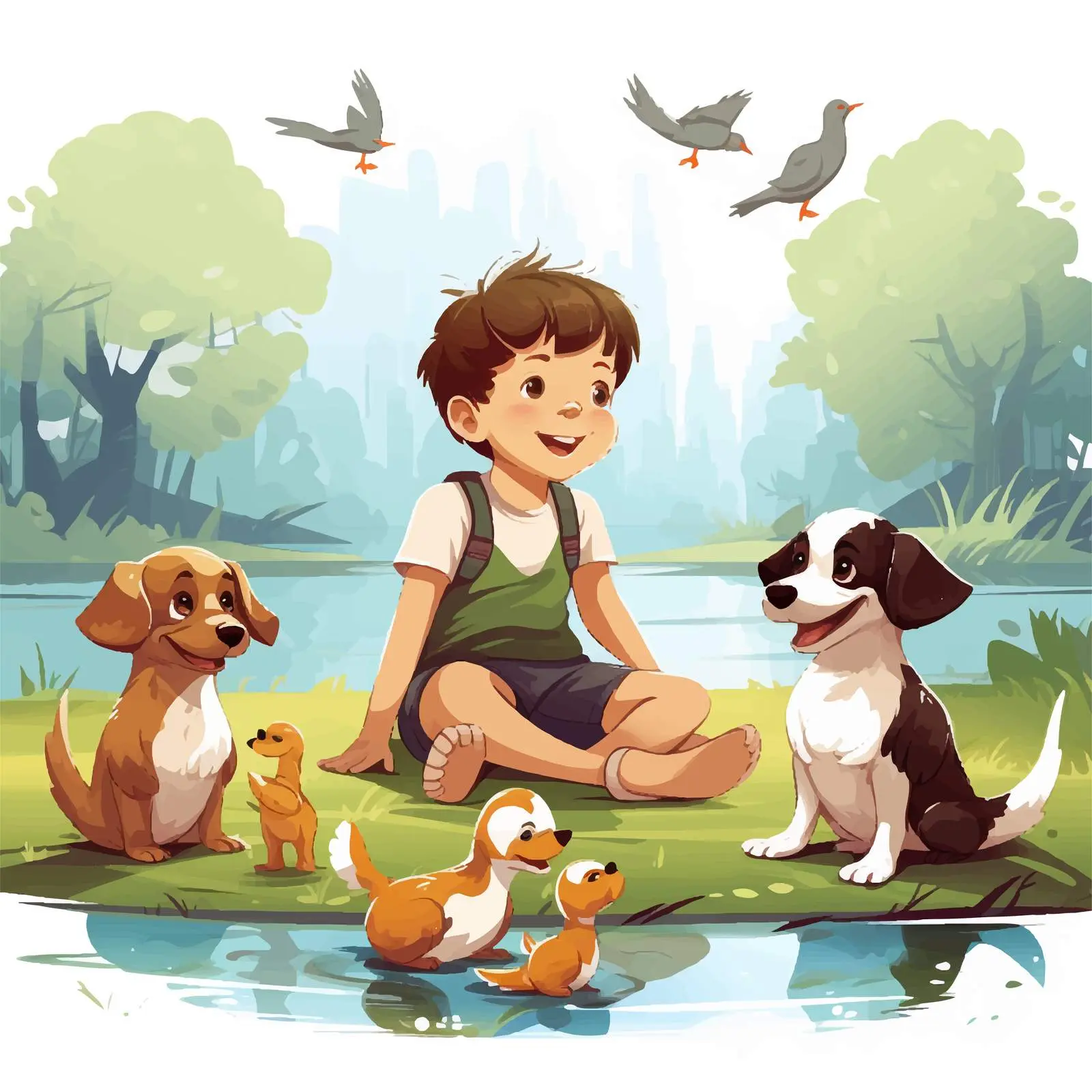 Child Playing with Dogs and Ducks in Park — free download from Dotvec