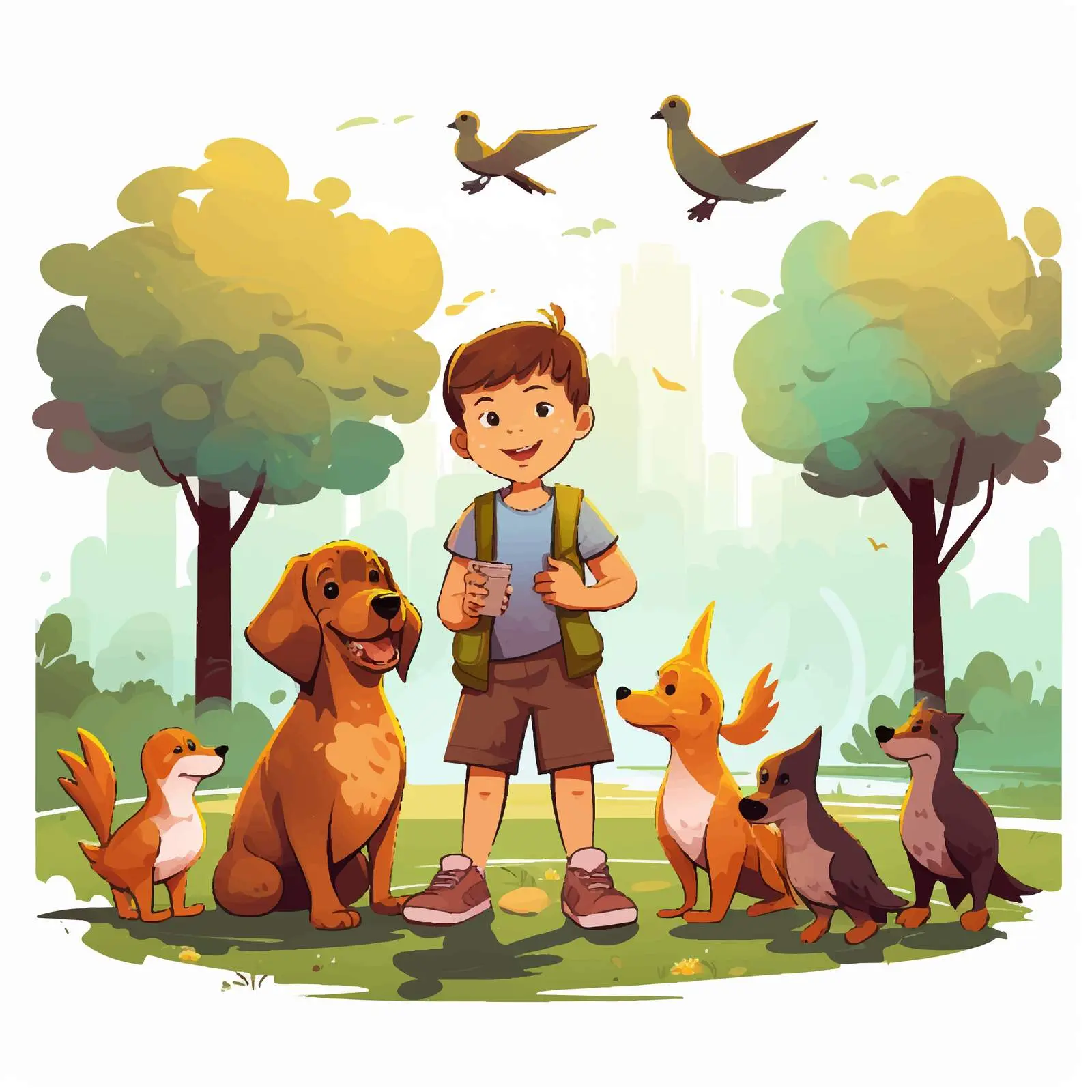 Child Playing with Dogs and Ducks in Park — free download from Dotvec