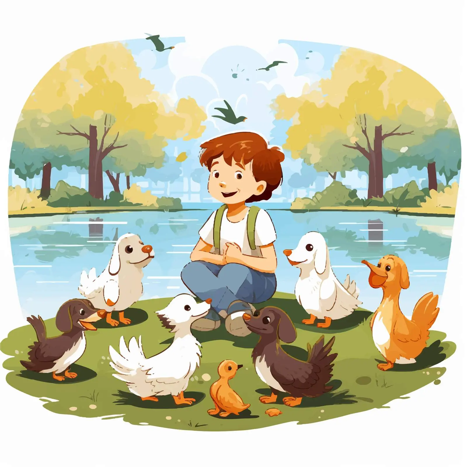 Child Playing with Dogs and Ducks in Park — free download from Dotvec