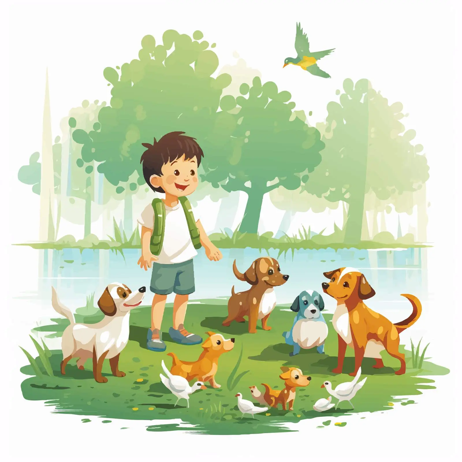 Child Playing with Dogs and Ducks in Park — free download from Dotvec