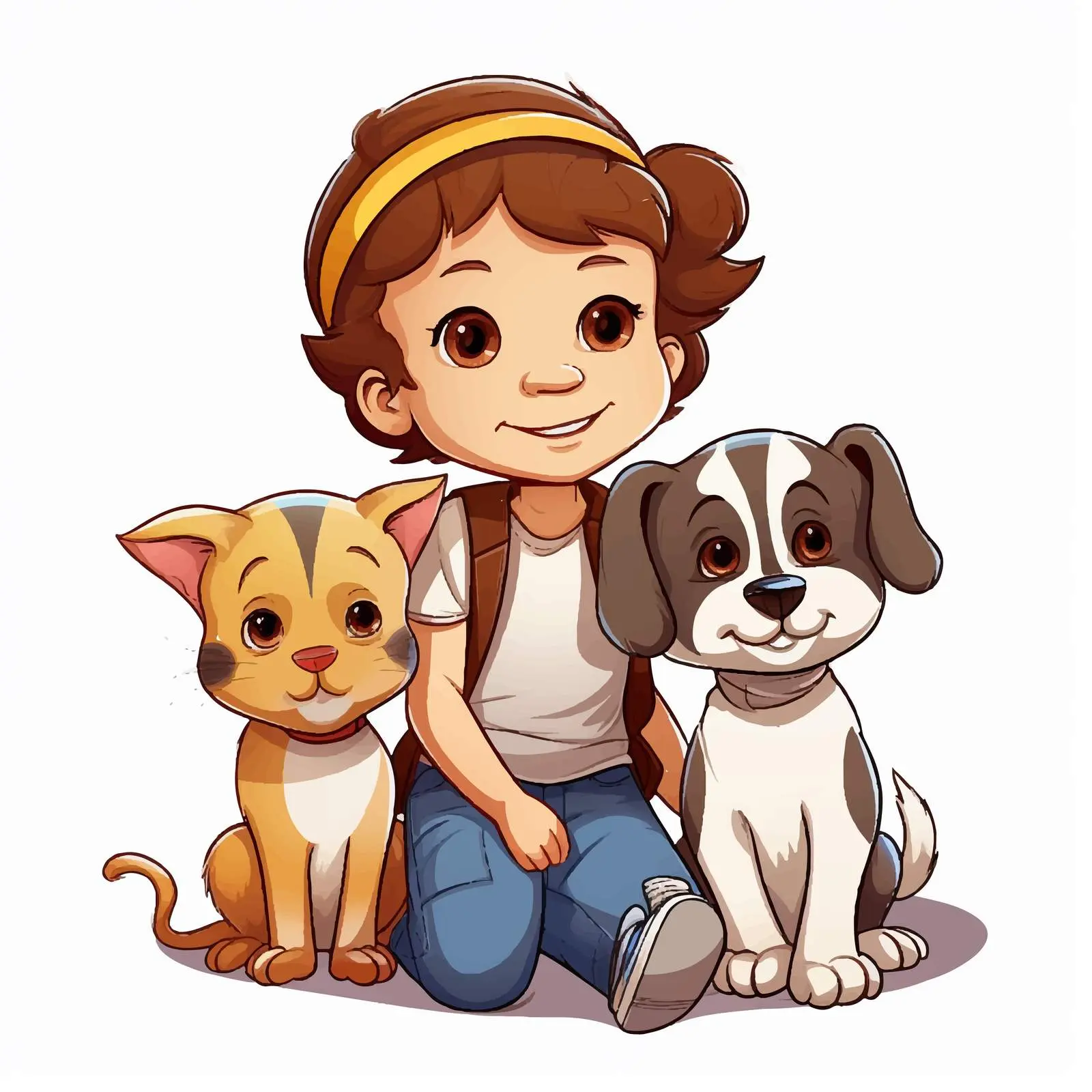 Child with Two Dogs and a Cat Cartoon Vector — free download from Dotvec